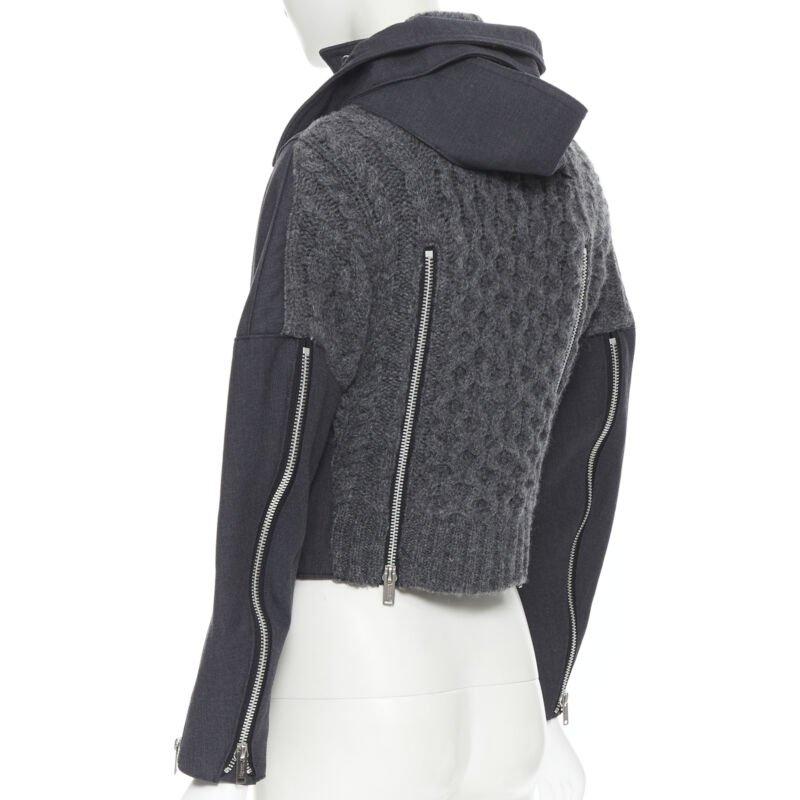 UNDERCOVER grey wool cable knit deconstructed curved sleeve biker jacket JP2 M For Sale 1