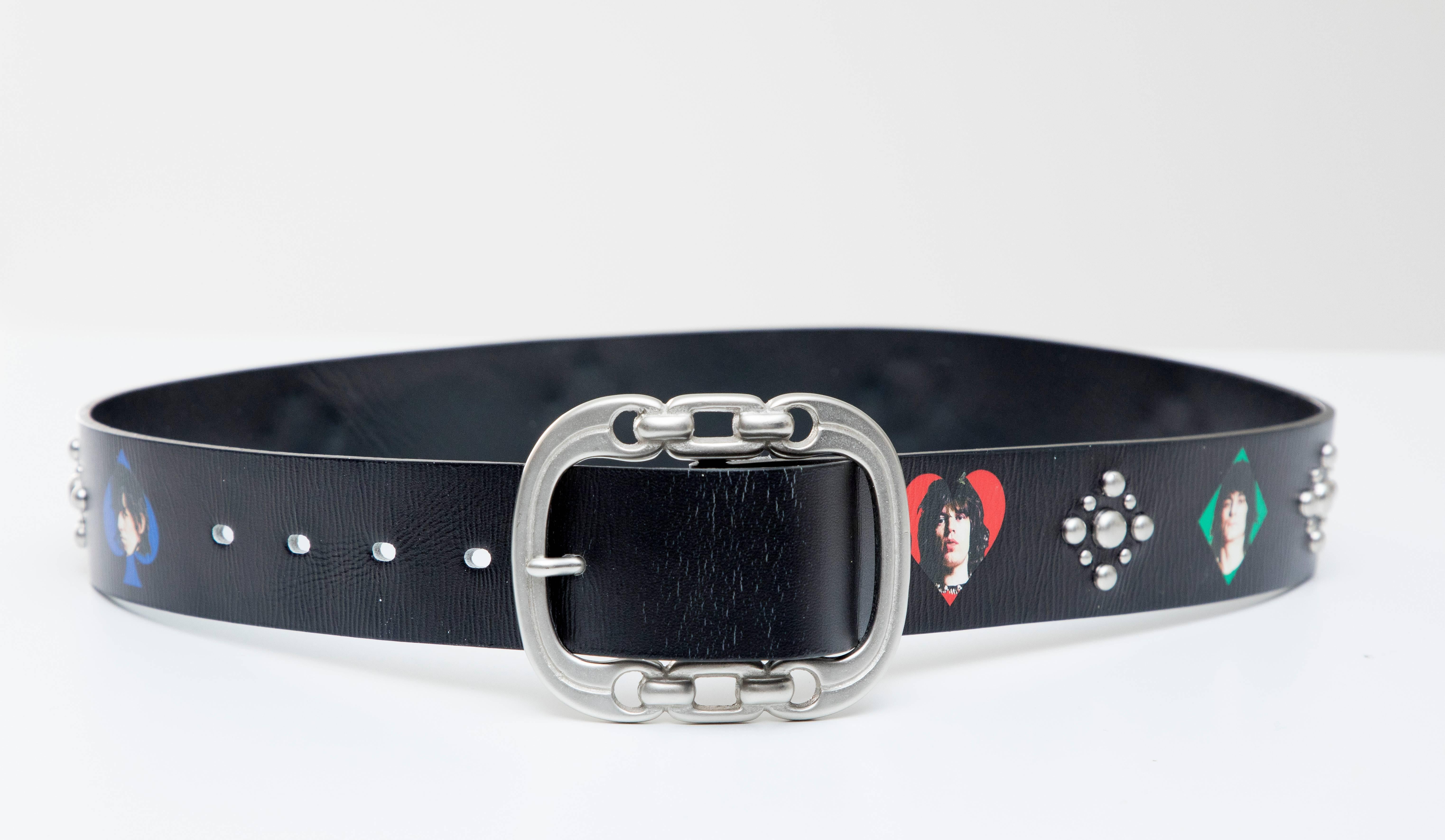 Undercover Jun Takahashi, Spring 2016 black printed and studded leather belt with matte silver buckle. 

Length Min: 30.25, Length Max: 34, Width: 1.25
