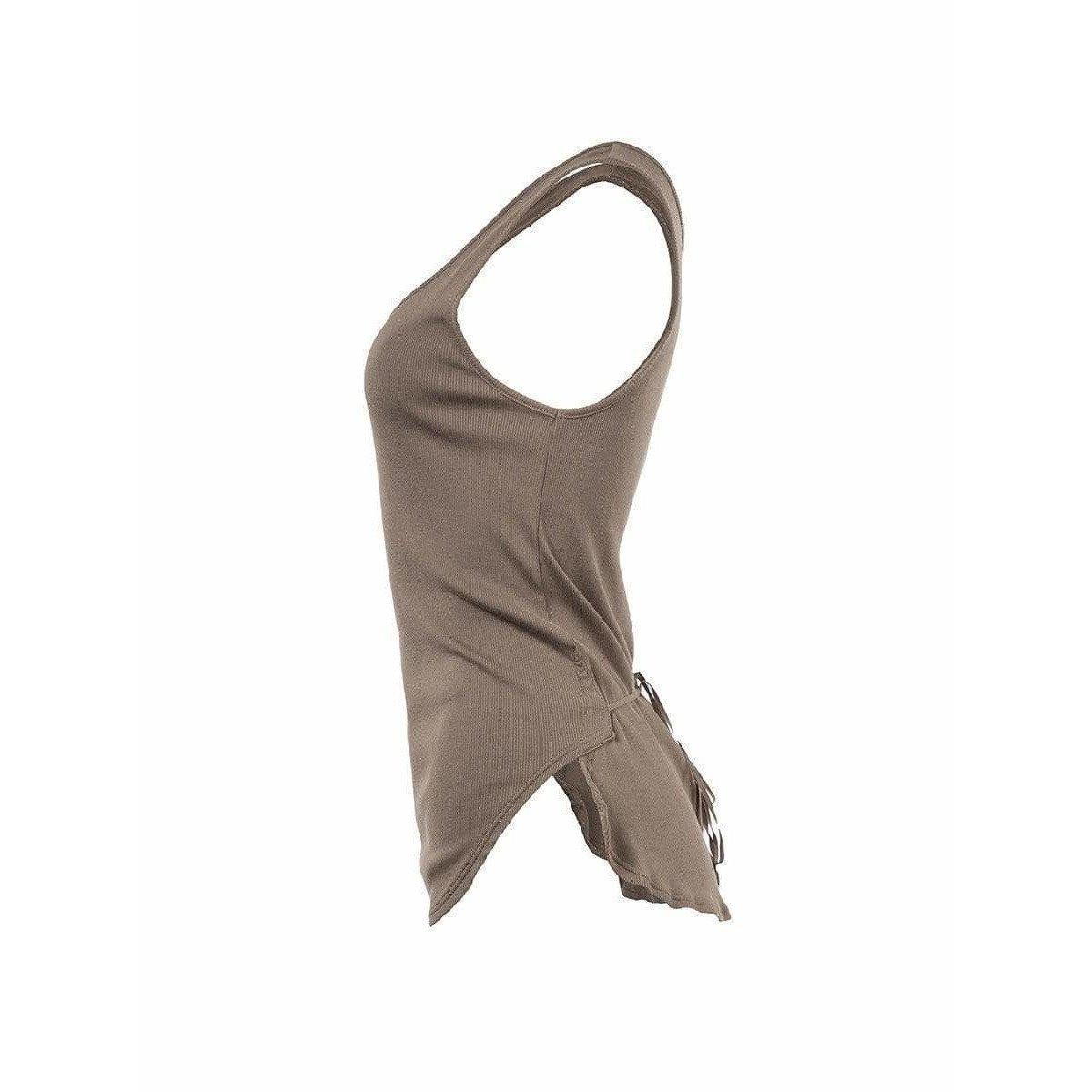 This soft mocha colored ribbed cotton tank comes from vintage Undercover. The cotton top has a bit of an apron feel, with self ties that wrap around to tie in back, creating a more personalized, fitted feel.