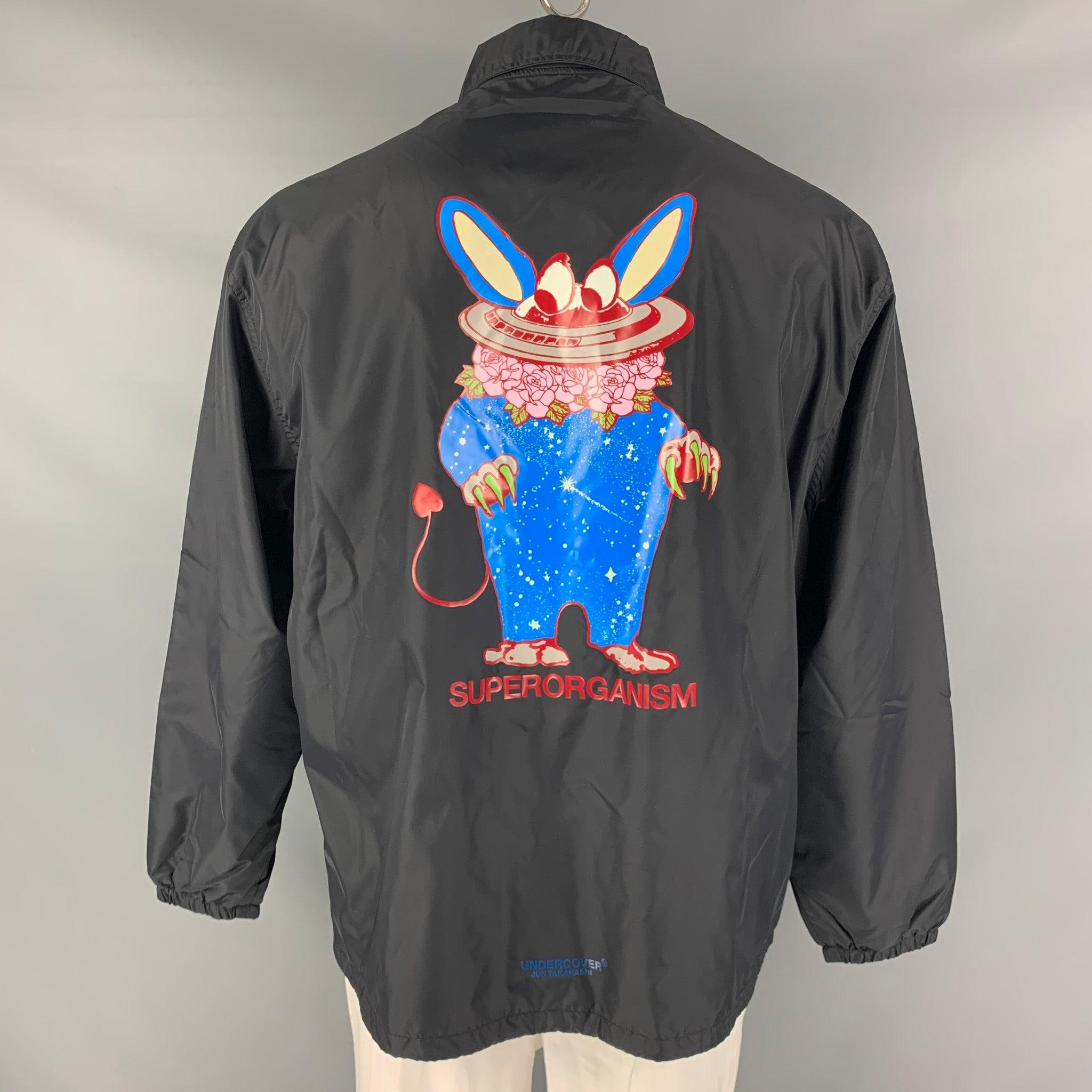 UNDERCOVER  Size L Black Multi-Color Cartoon Polyester Snaps Coat In Excellent Condition For Sale In San Francisco, CA