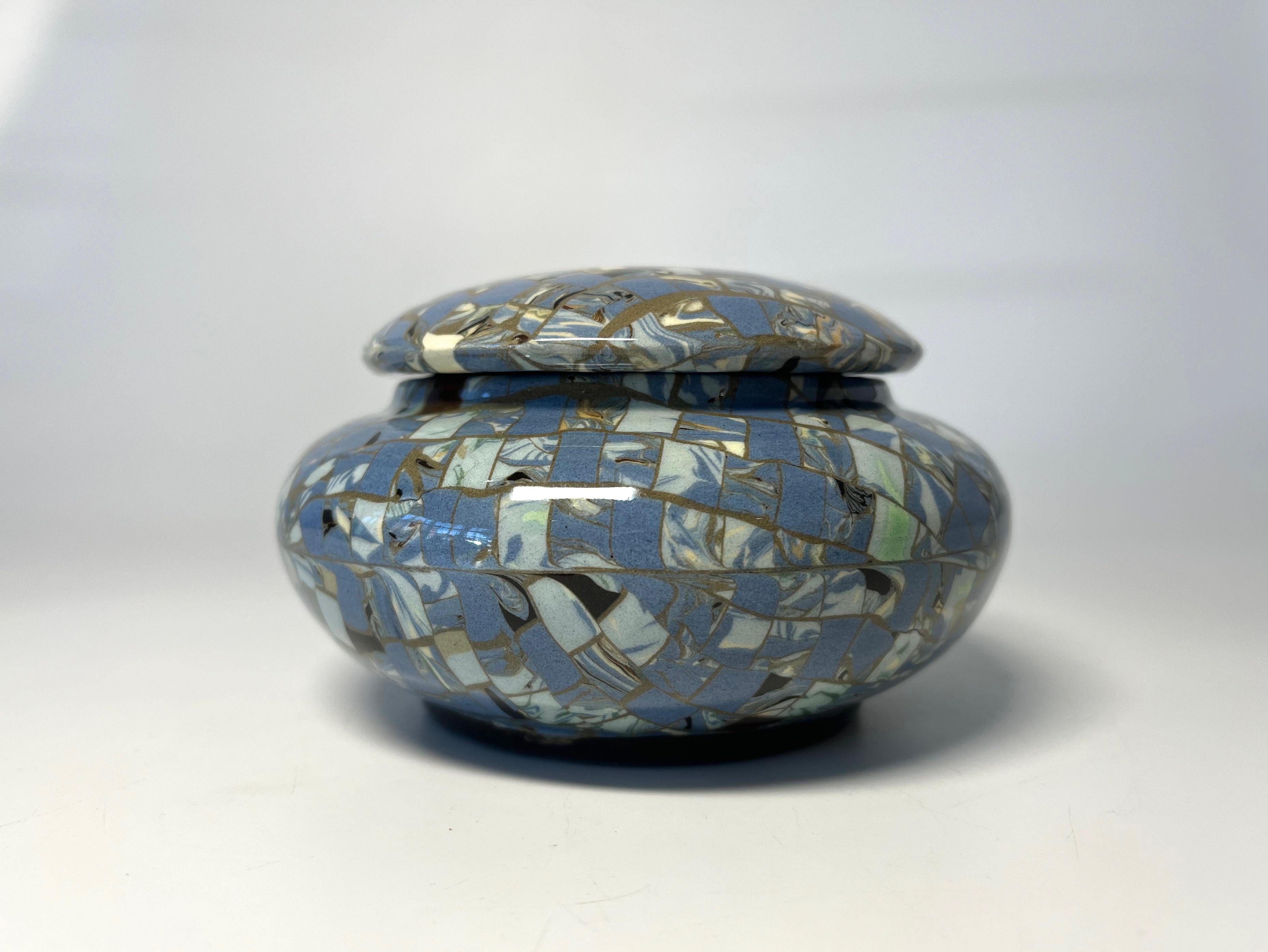 French Understated Jean Gerbino, Vallauris, France, Ceramic Pale Blue Mosaic Lidded Pot For Sale