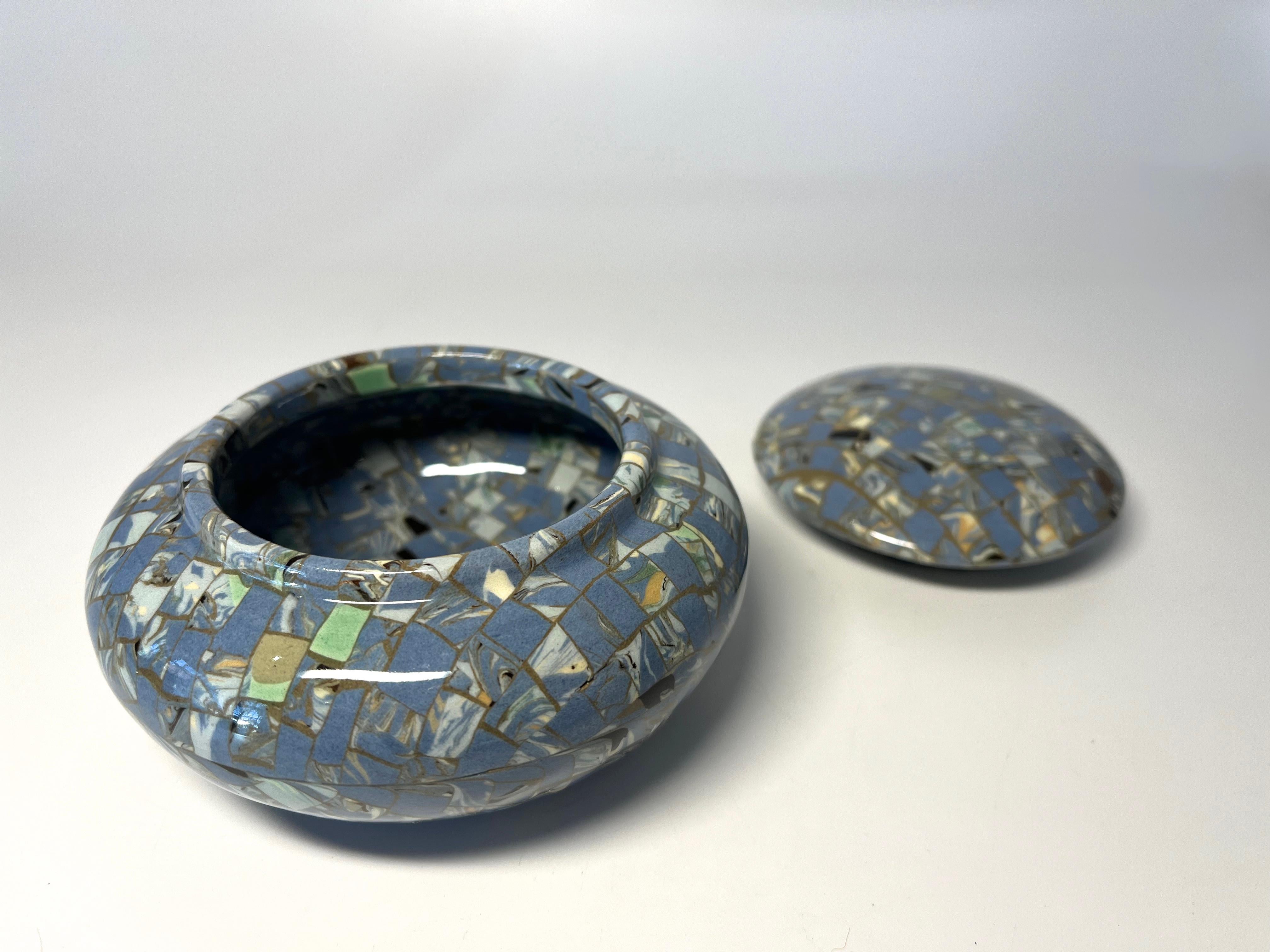 Glazed Understated Jean Gerbino, Vallauris, France, Ceramic Pale Blue Mosaic Lidded Pot For Sale