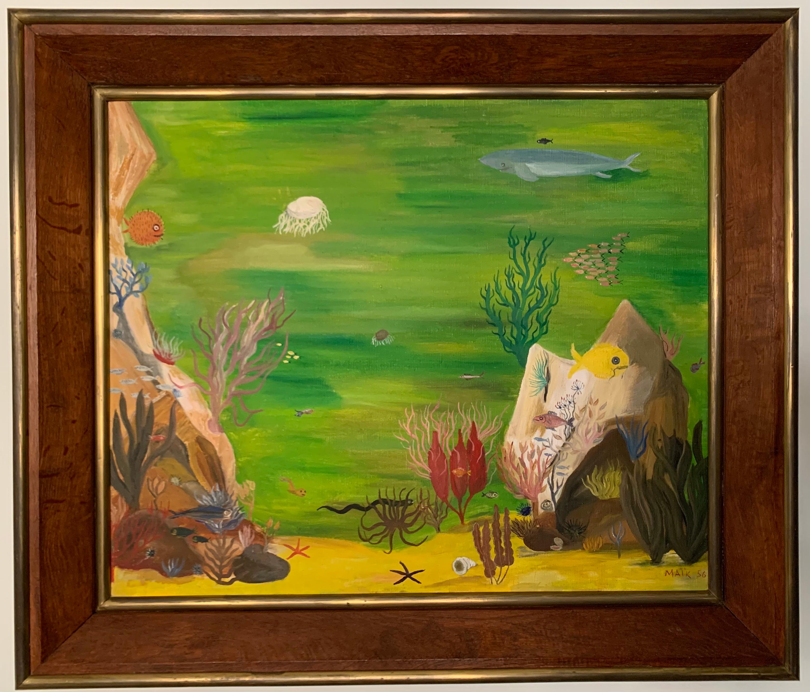 Oil on canvas
by Henri Hecht MAÏK (1922-1993).
“Underwater Landscape”.
sign and date lower right “MAÏK 56”.
Framed with a natural oak and gilded brass French frame, circa 1950.
Canvas dimensions: 54 x 64,5 cm.
Overall dimensions: 69,5 x 80 cm.