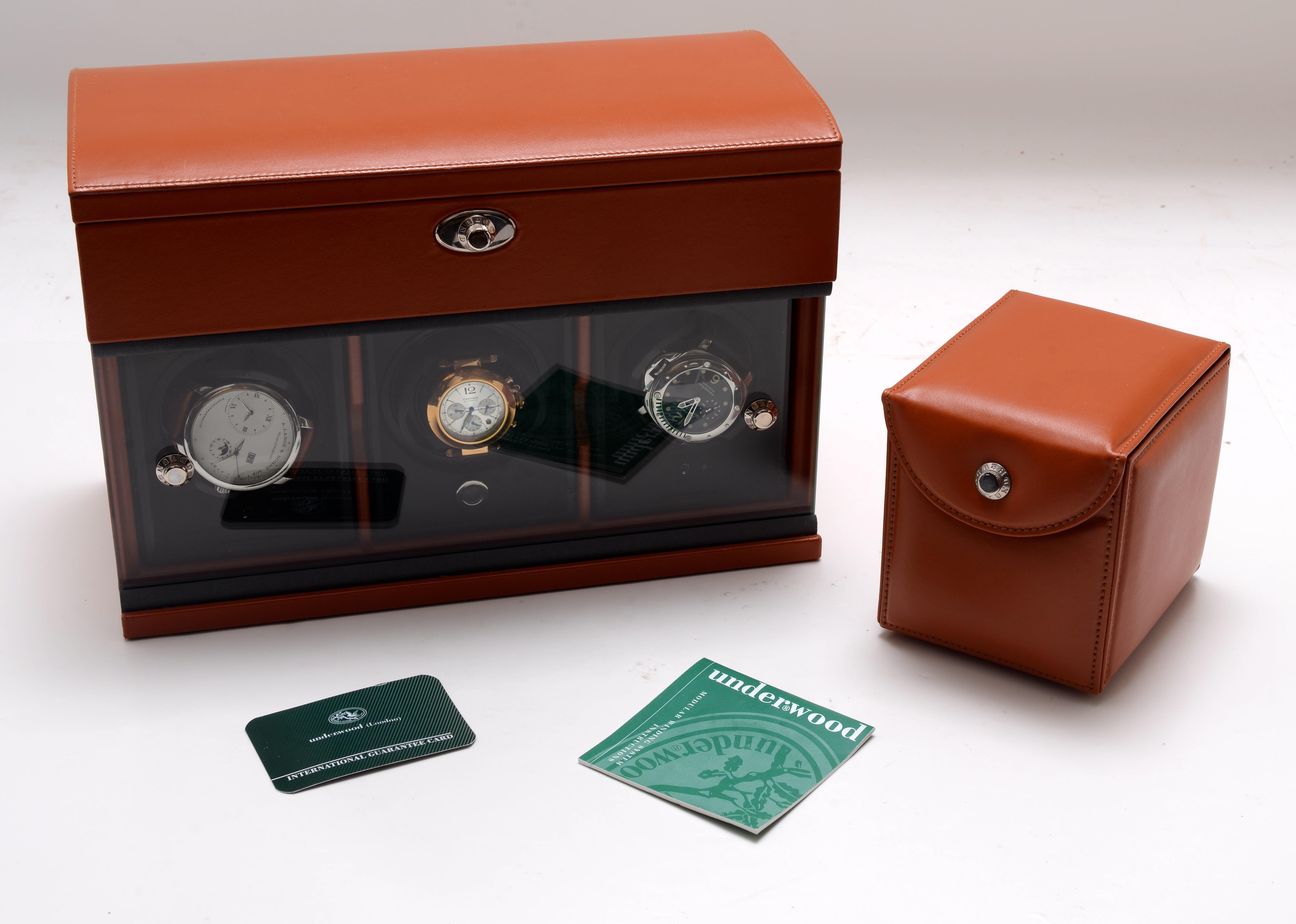 Underwood Rotobox Triple-Module Watch Winder, Jewelry Case, in Tan Tuscan Calf For Sale 1