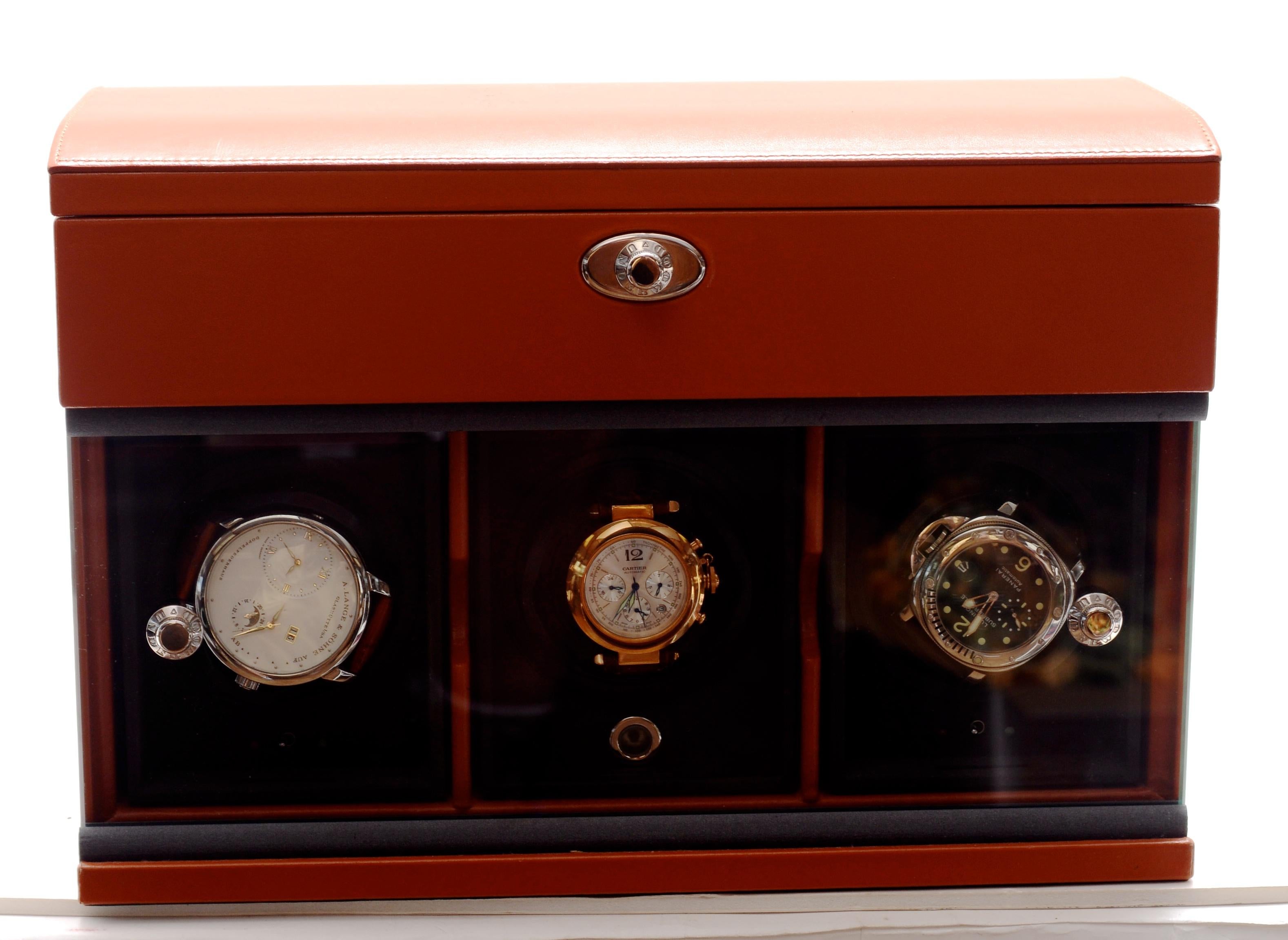 Underwood Rotobox Triple-Module Watch Winder, Jewelry Case, in Tan Tuscan Calf For Sale 2