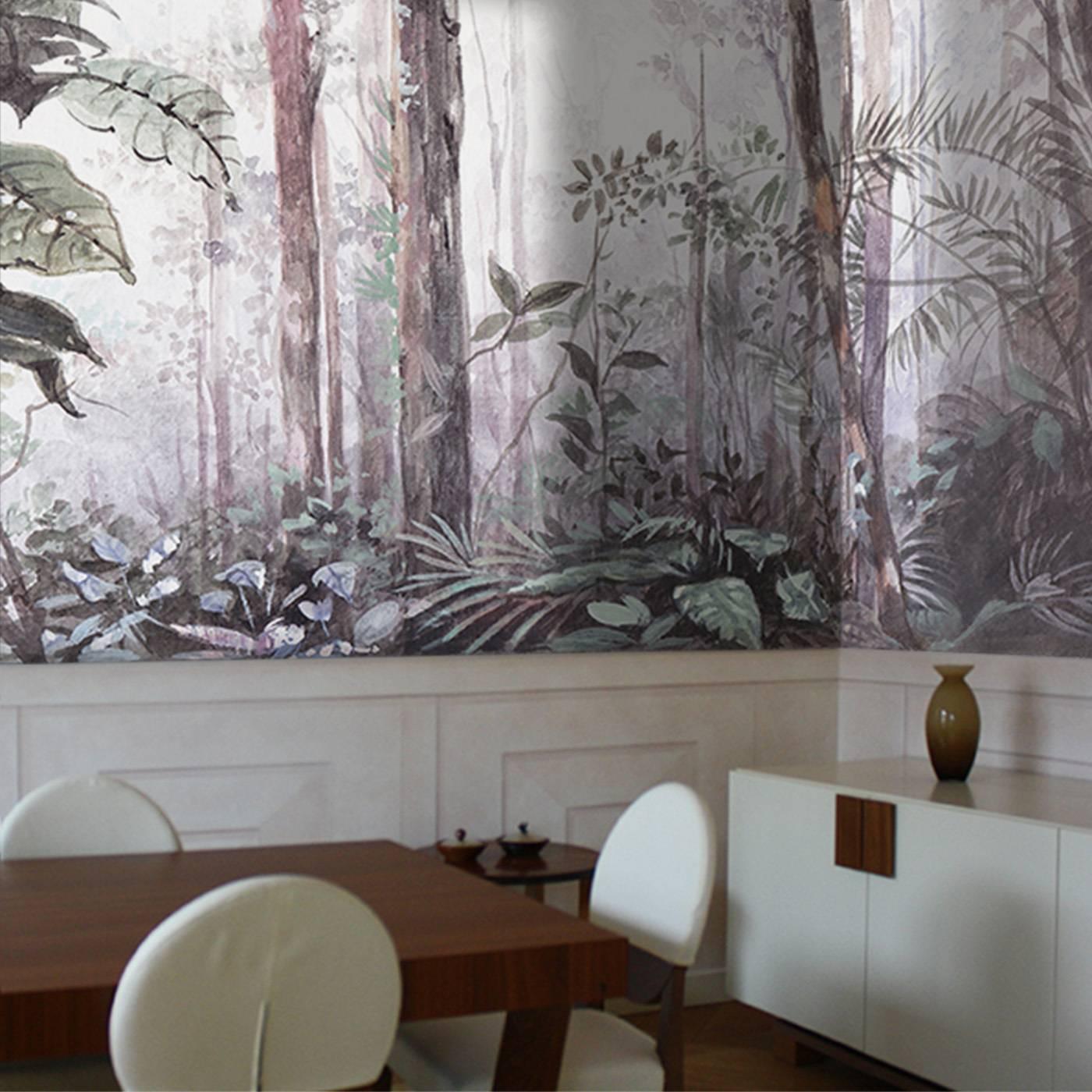 This superb piece of wall decoration was hand painted on paper freehand, without the use of a penciled sketch underneath. It depicts an ethereal forest and its undergrowth at sunset and it was created to be applied over a wood or marble covering.