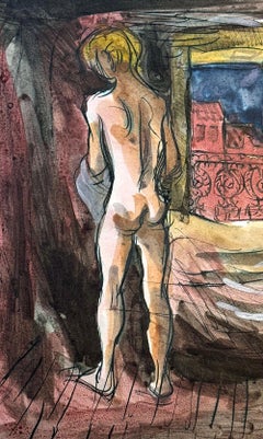 "Undressing", Watercolor Painting of Nude Male, Artist's Garret, Wine Red & Blue