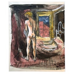 Vintage "Undressing", Watercolor Painting of Nude Male, Artist
s Garret, Wine Red 
Blue