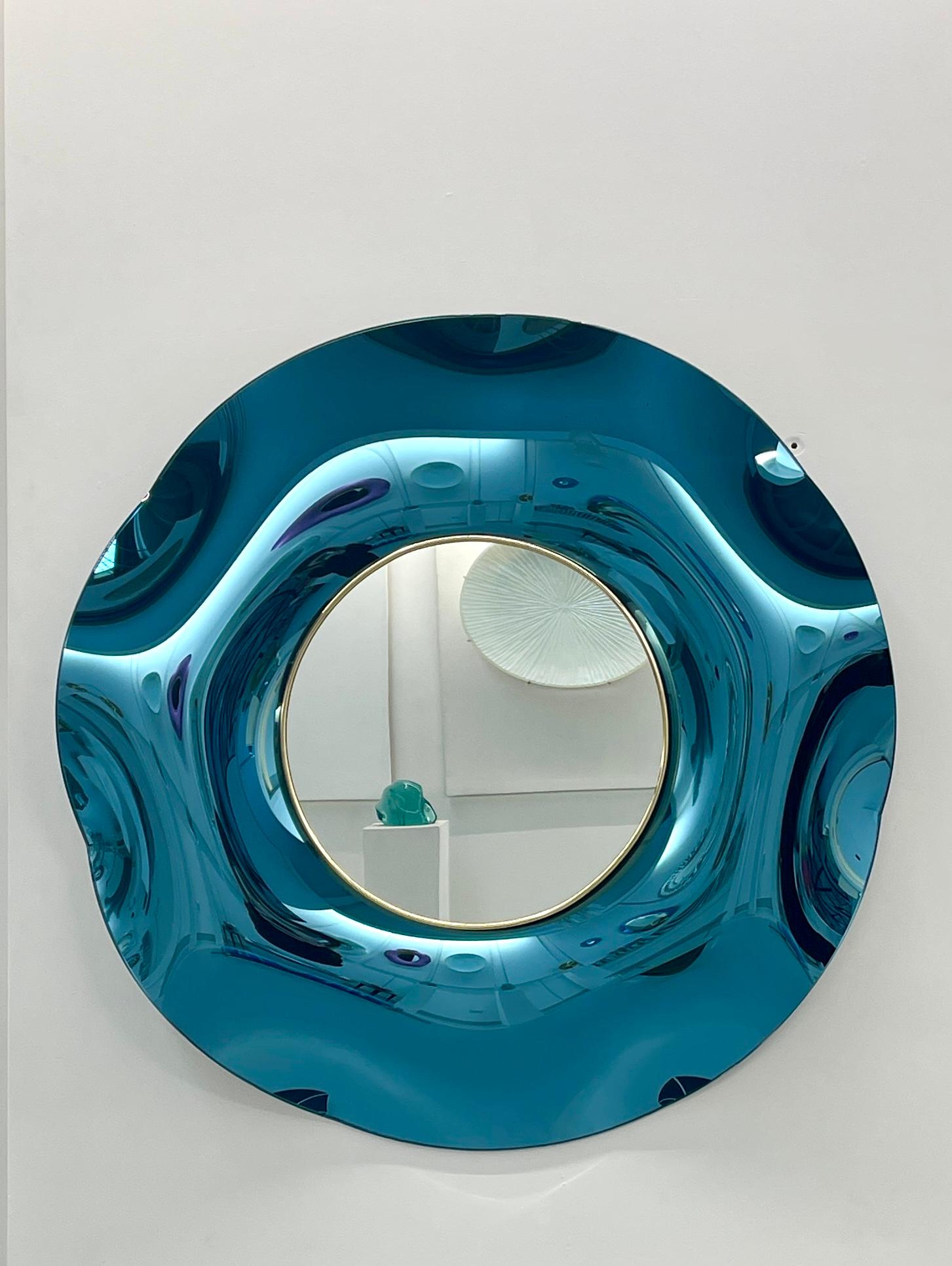 Hand-Crafted 'Undulate' Handmade Celestial Blue Crystal Mirror Dia.40'' by Ghiró Studio For Sale