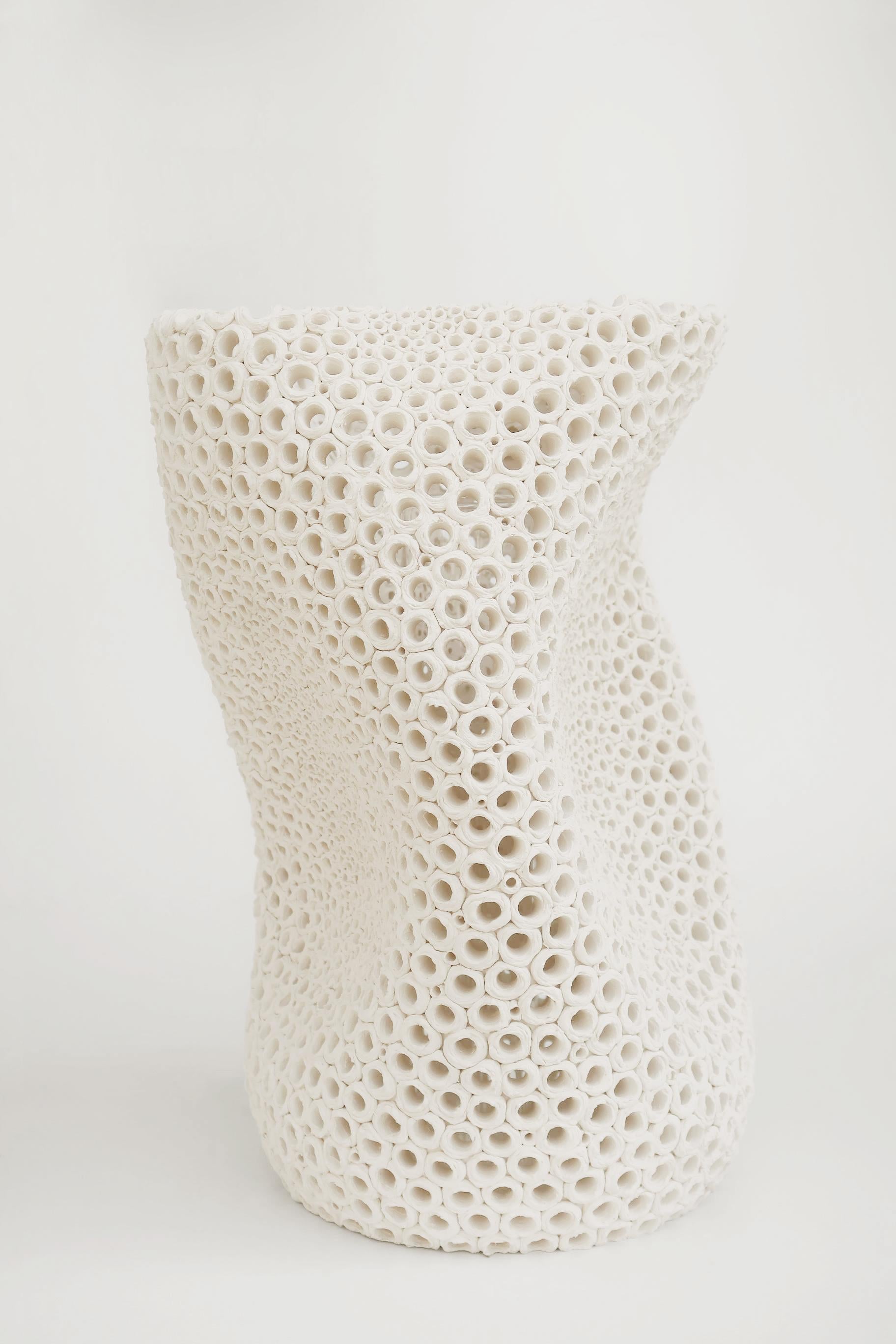 Hand-Crafted Undulating Hand-Pierced Limited Edition Earthenware Vase by Gilles Caffier For Sale