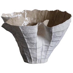 Undulating White Stoneware Vessel by Ceramicist Young Mi Kim
