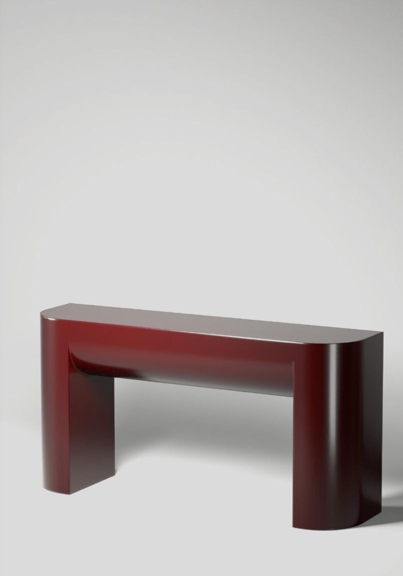 Undum Console by ​​HADGE
Dimensions: D 40 x W 150 x H 80 cm.
Materials: Chrome deepbrown I red, steel.
Also available in different materials.
Custom dimensions are possible.

A cohesion of simplified curved shapes in different directions reflects
