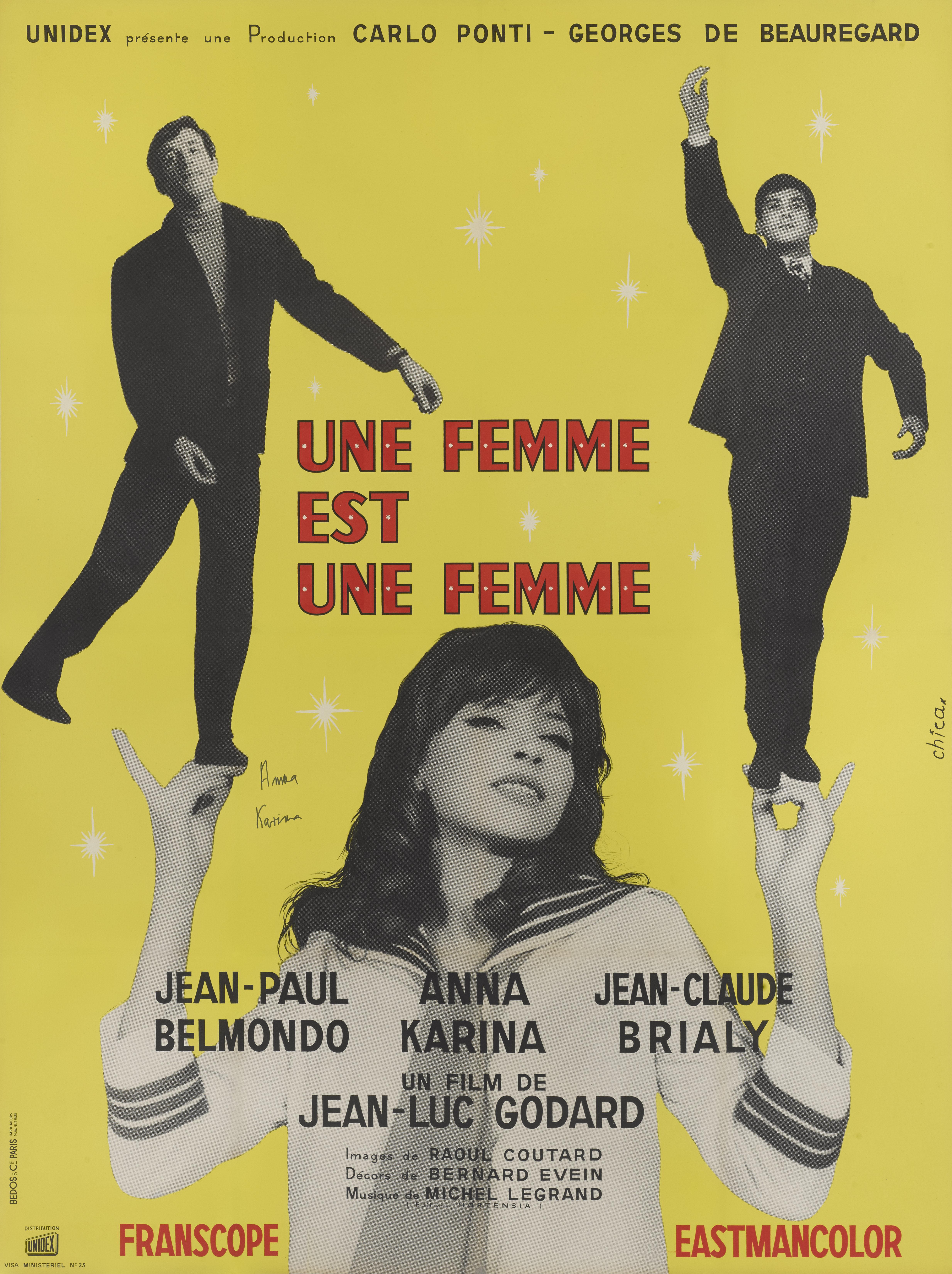 Original French film poster for Jean-Luc Godard's 1961 French New Wave film Une Femme / A Woman is a Woman.
This French film was written and directed by Jean-Luc Godard, and stars Anna Karina, Jean-Claude Brialy and Jean-Paul Belmondo. Anna Karina