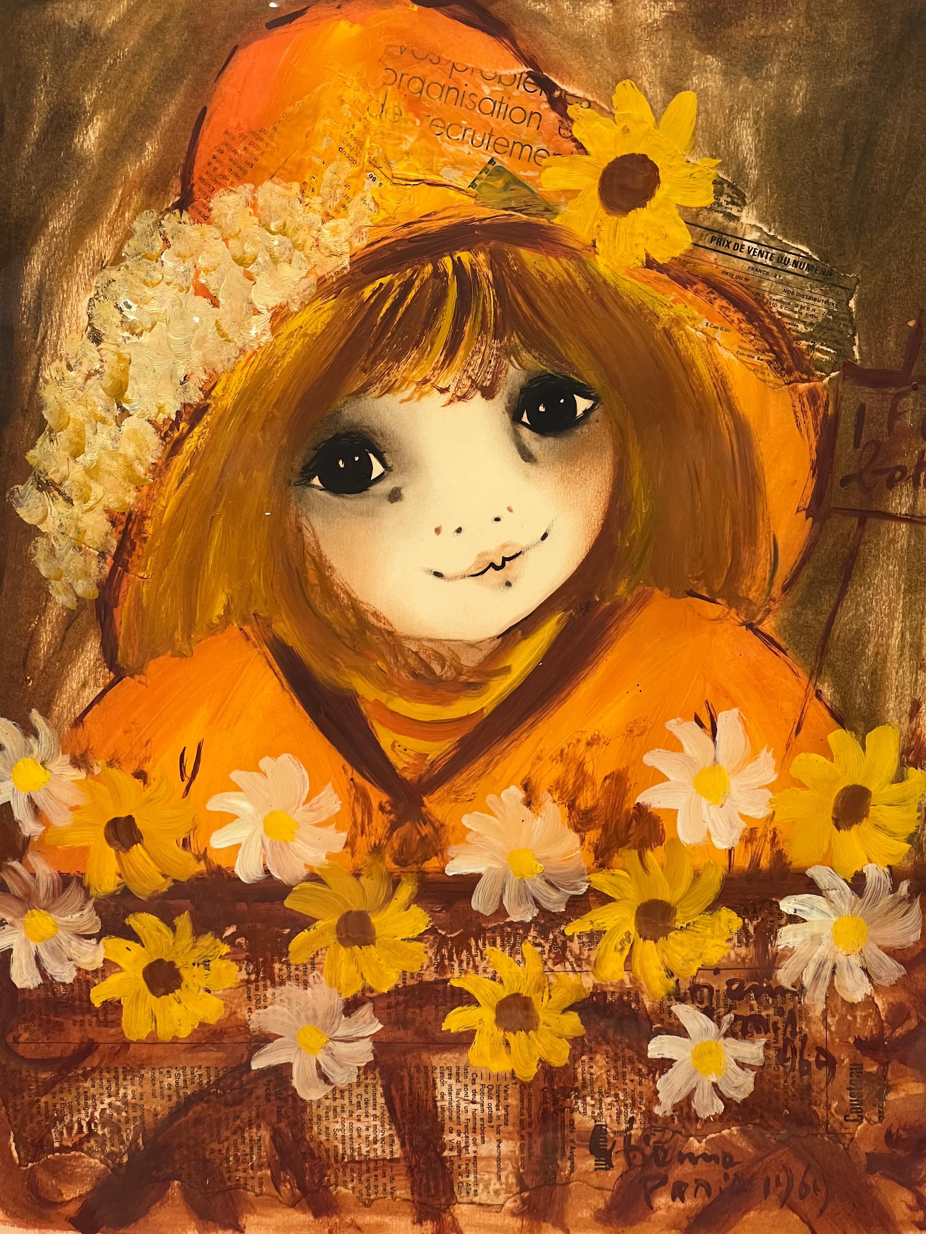 Depicting a big eyed girl with fiery auburn hair and white and yellow flowers, this vintage painting has an interesting medium. It was rendered in oil on board with original newspaper applied to the subject. It is signed by the French artist, Roger