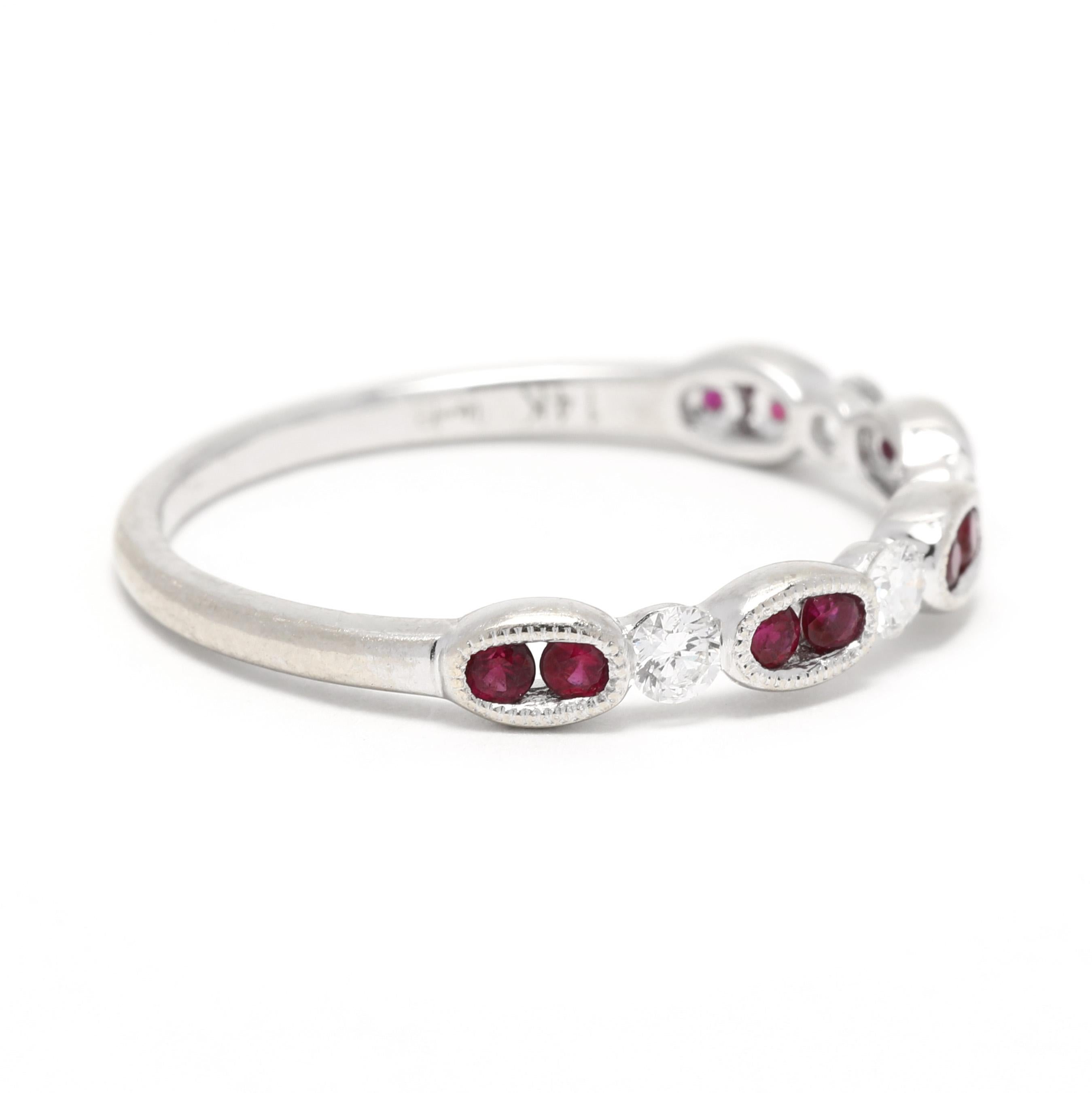 This elegant 0.35ctw Uneek ruby diamond stackable wedding band will make a perfect addition to your special day. Crafted in 14k white gold, this delicate, fancy thin diamond band features a sparkling array of rubies and diamonds, with an approximate