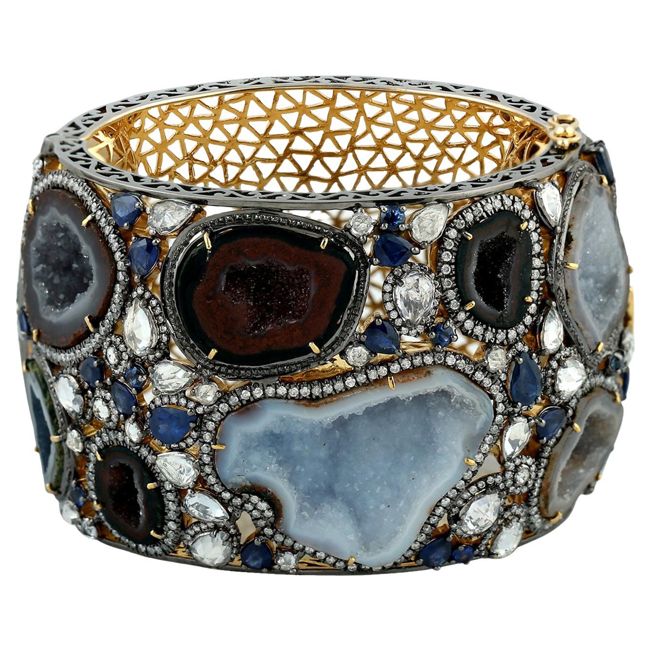 Uneven Geode Cuff With Blue sapphire & Pave Diamonds In 18K Yellow Gold & Silver