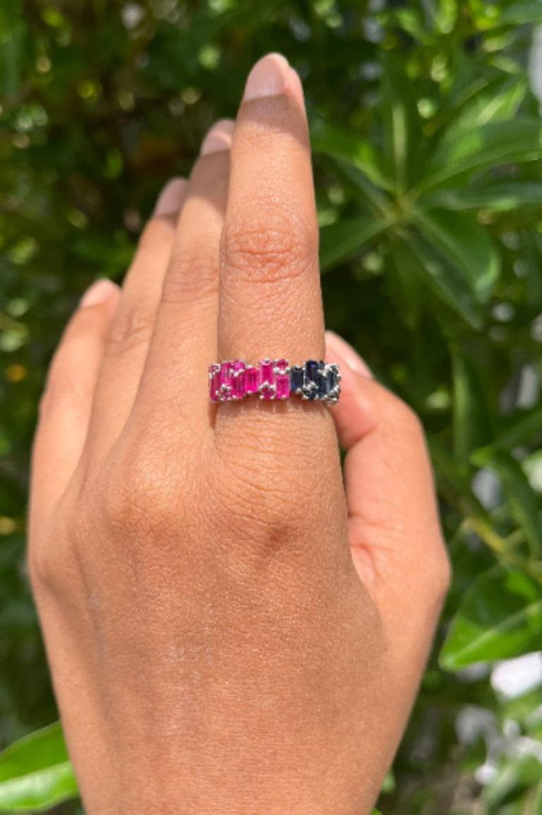 For Sale:  Uneven Ruby Sapphire Stackable Band Ring in 925 Silver Gift for Wife Jewelry 2