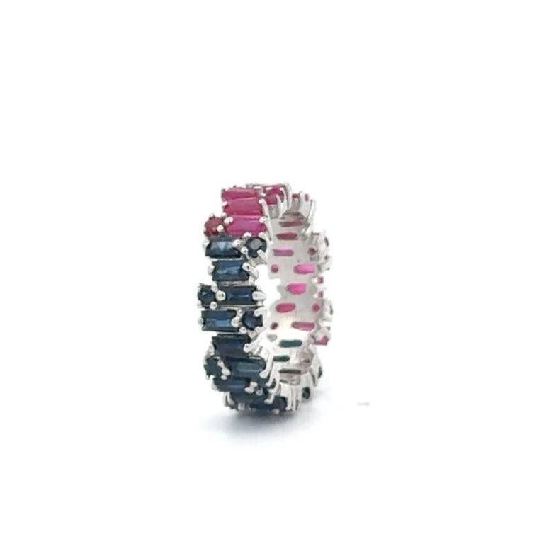 For Sale:  Uneven Ruby Sapphire Stackable Band Ring in 925 Silver Gift for Wife Jewelry 3