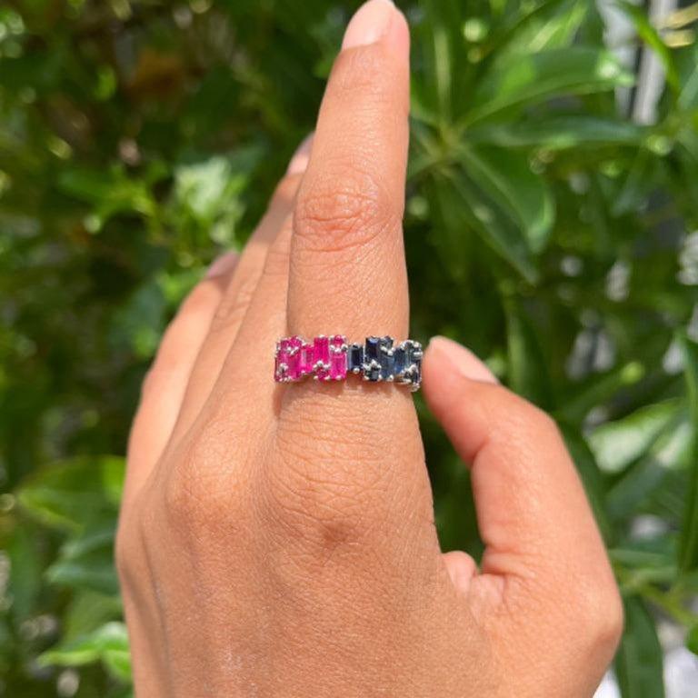 For Sale:  Uneven Ruby Sapphire Stackable Band Ring in 925 Silver Gift for Wife Jewelry 4