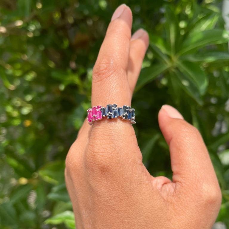 For Sale:  Uneven Ruby Sapphire Stackable Band Ring in 925 Silver Gift for Wife Jewelry 6