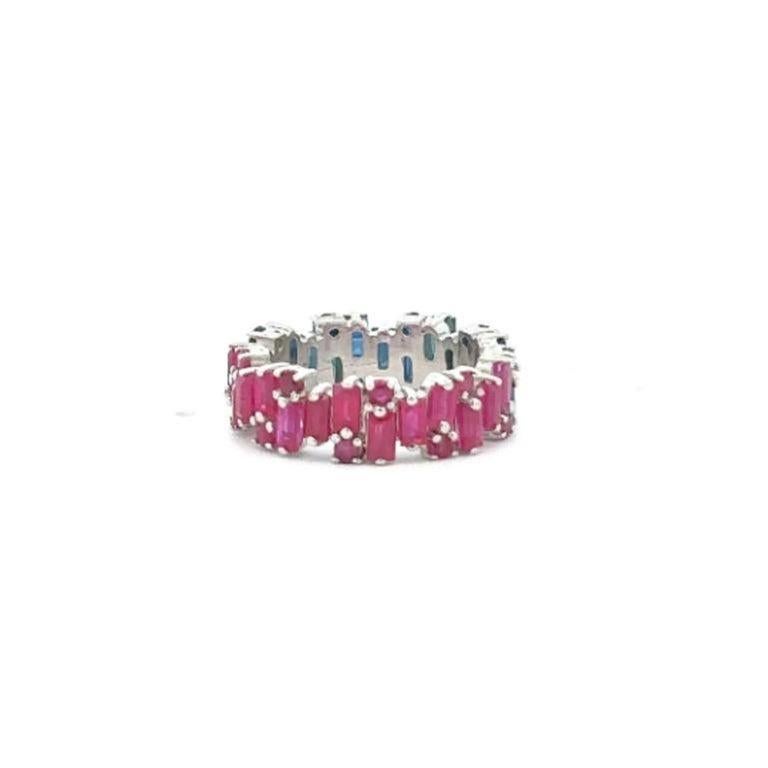 For Sale:  Uneven Ruby Sapphire Stackable Band Ring in 925 Silver Gift for Wife Jewelry 7