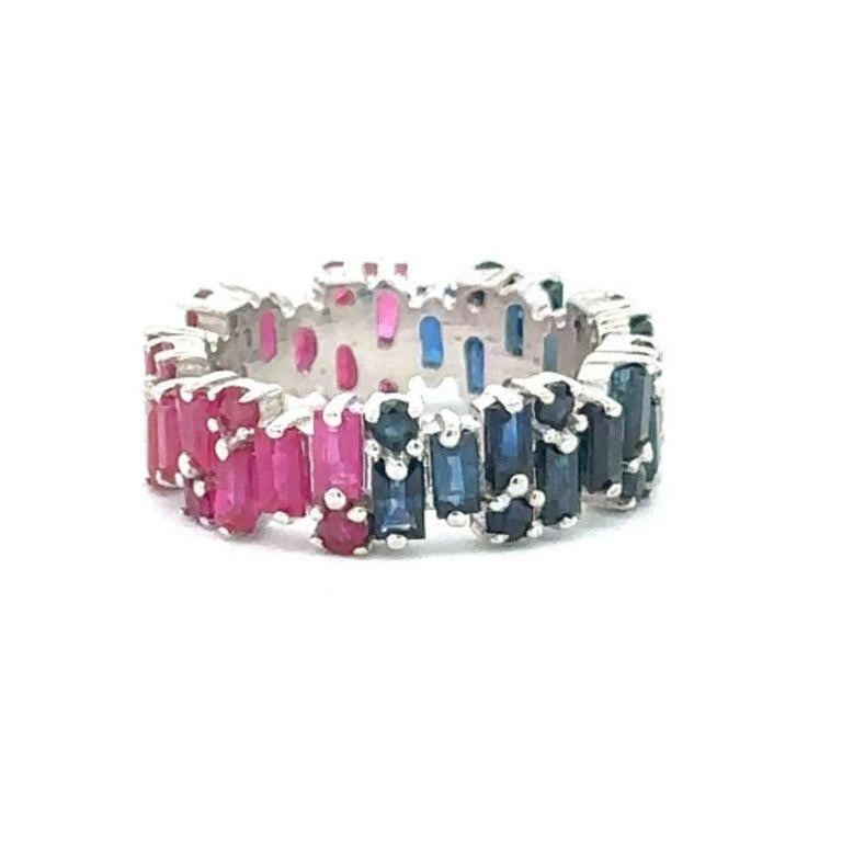 For Sale:  Uneven Ruby Sapphire Stackable Band Ring in 925 Silver Gift for Wife Jewelry 8