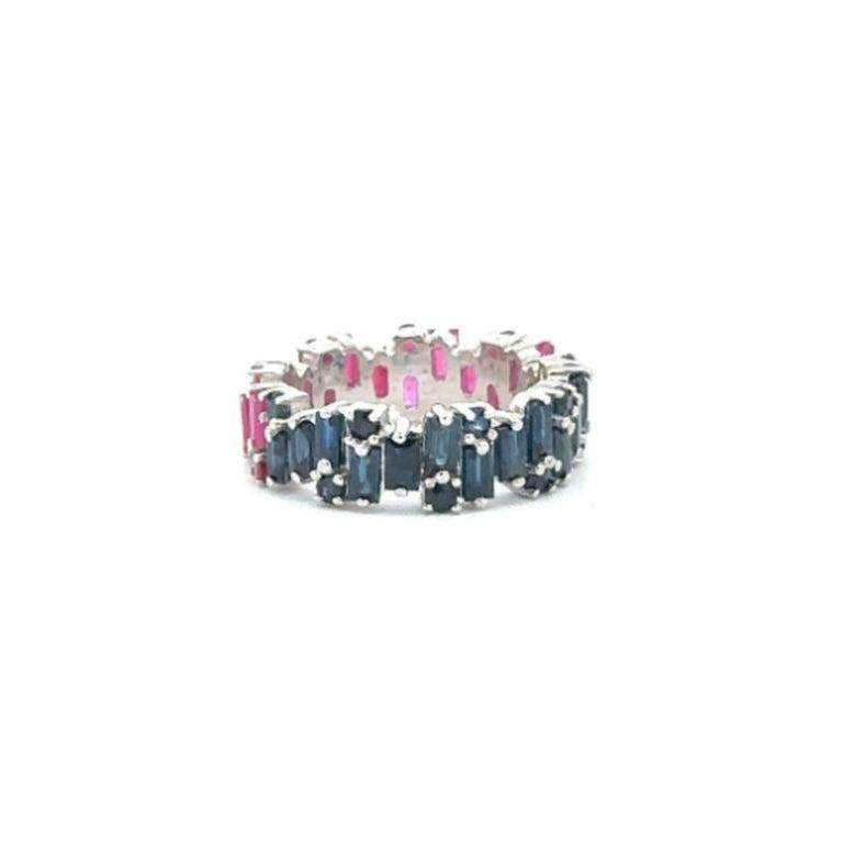 For Sale:  Uneven Ruby Sapphire Stackable Band Ring in 925 Silver Gift for Wife Jewelry 9