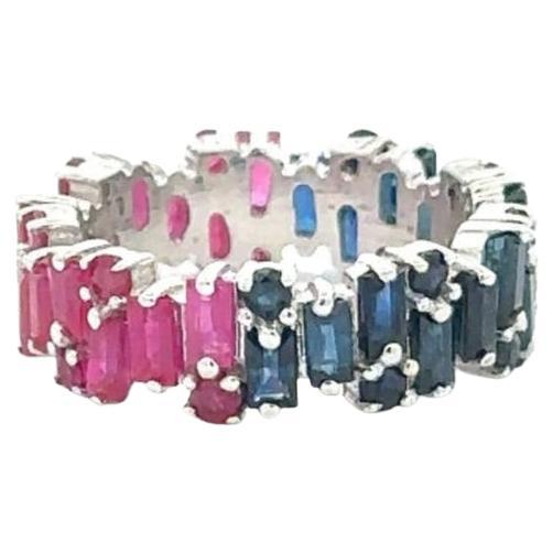 For Sale:  Uneven Ruby Sapphire Stackable Band Ring in 925 Silver Gift for Wife Jewelry