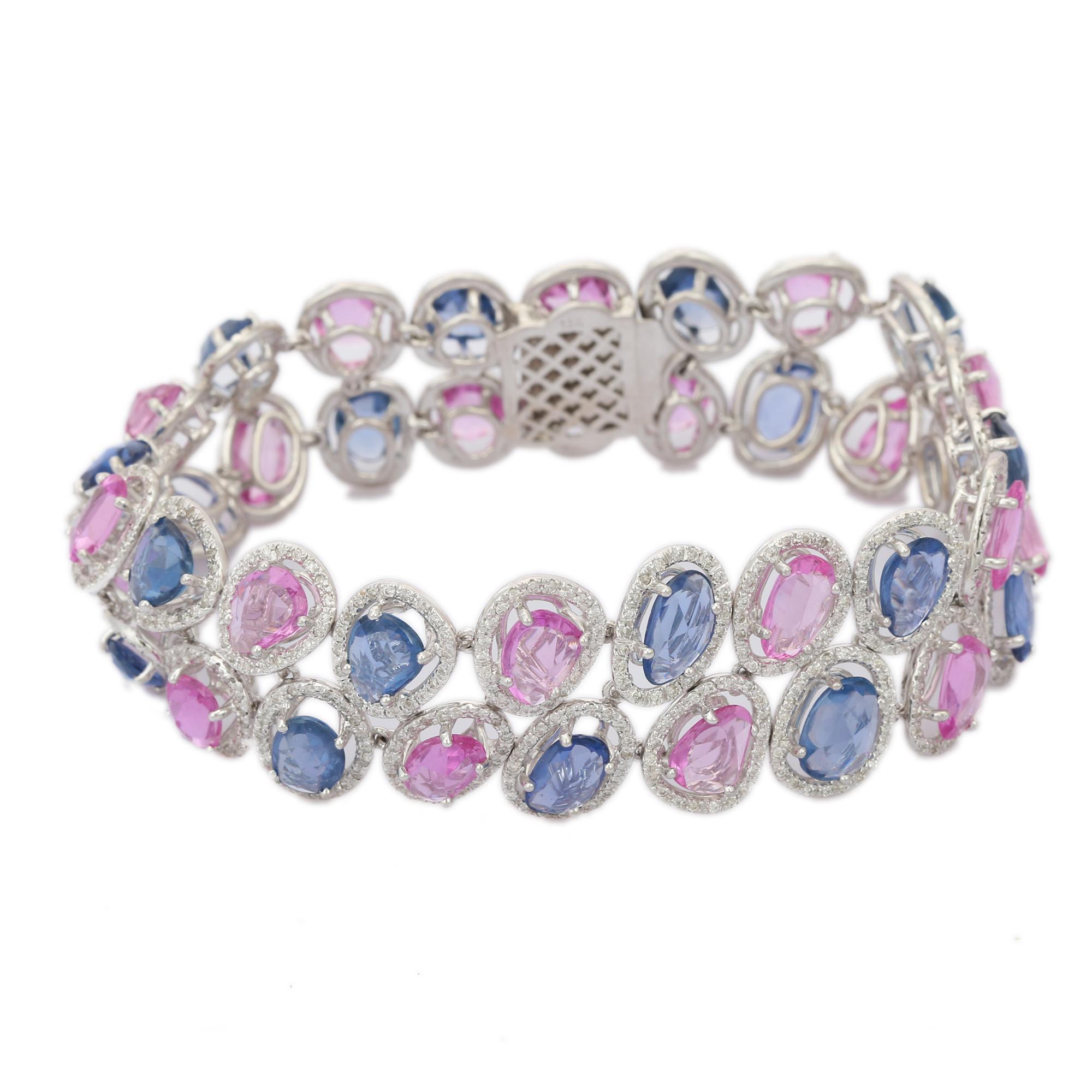 Uneven Shape 34.63 ct Multi-Sapphire Wedding Bracelet in 18k Solid White Gold In New Condition For Sale In Houston, TX