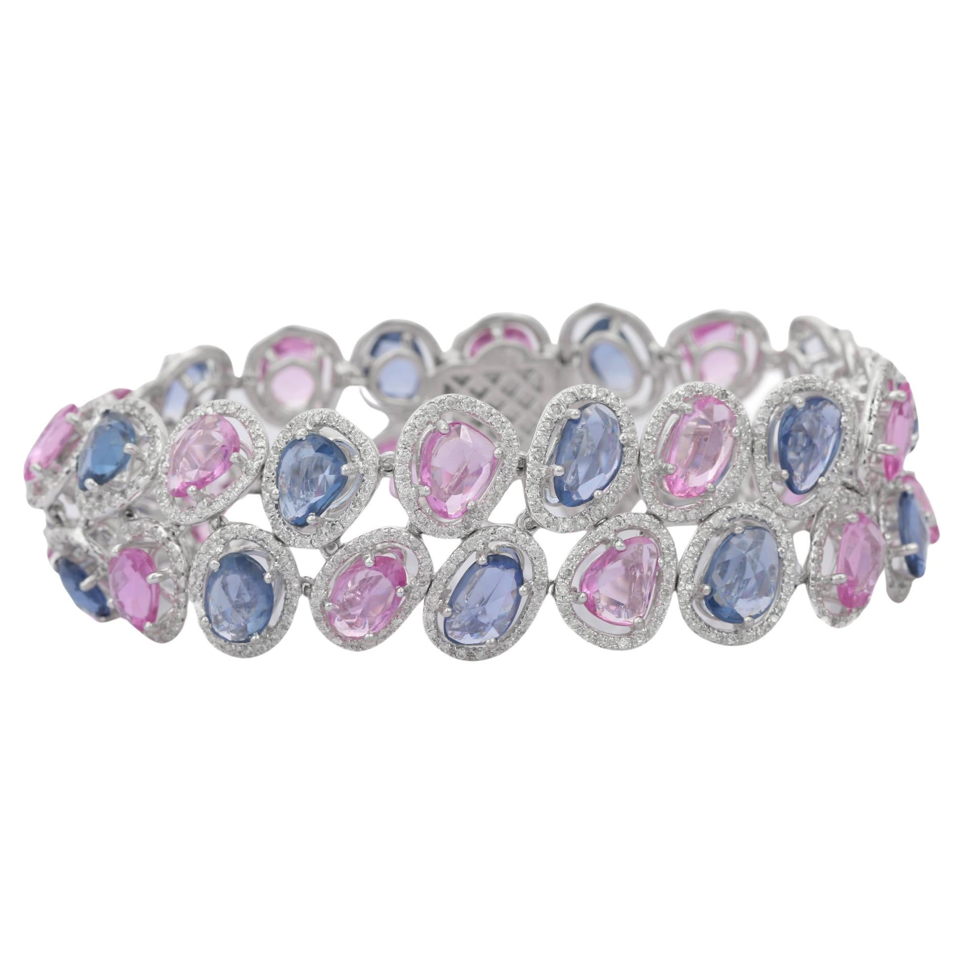 Uneven Shape 34.63 ct Multi-Sapphire Wedding Bracelet in 18k Solid White Gold For Sale