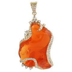 Uneven Shaped Fire Opal Pendant Accented With Diamonds Made In 18k Yellow Gold