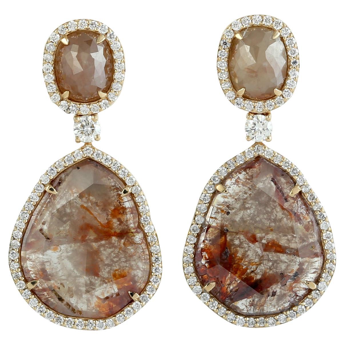 Uneven Shaped Ice Diamond Dangle Earrings Accented With Diamonds In 18k Gold