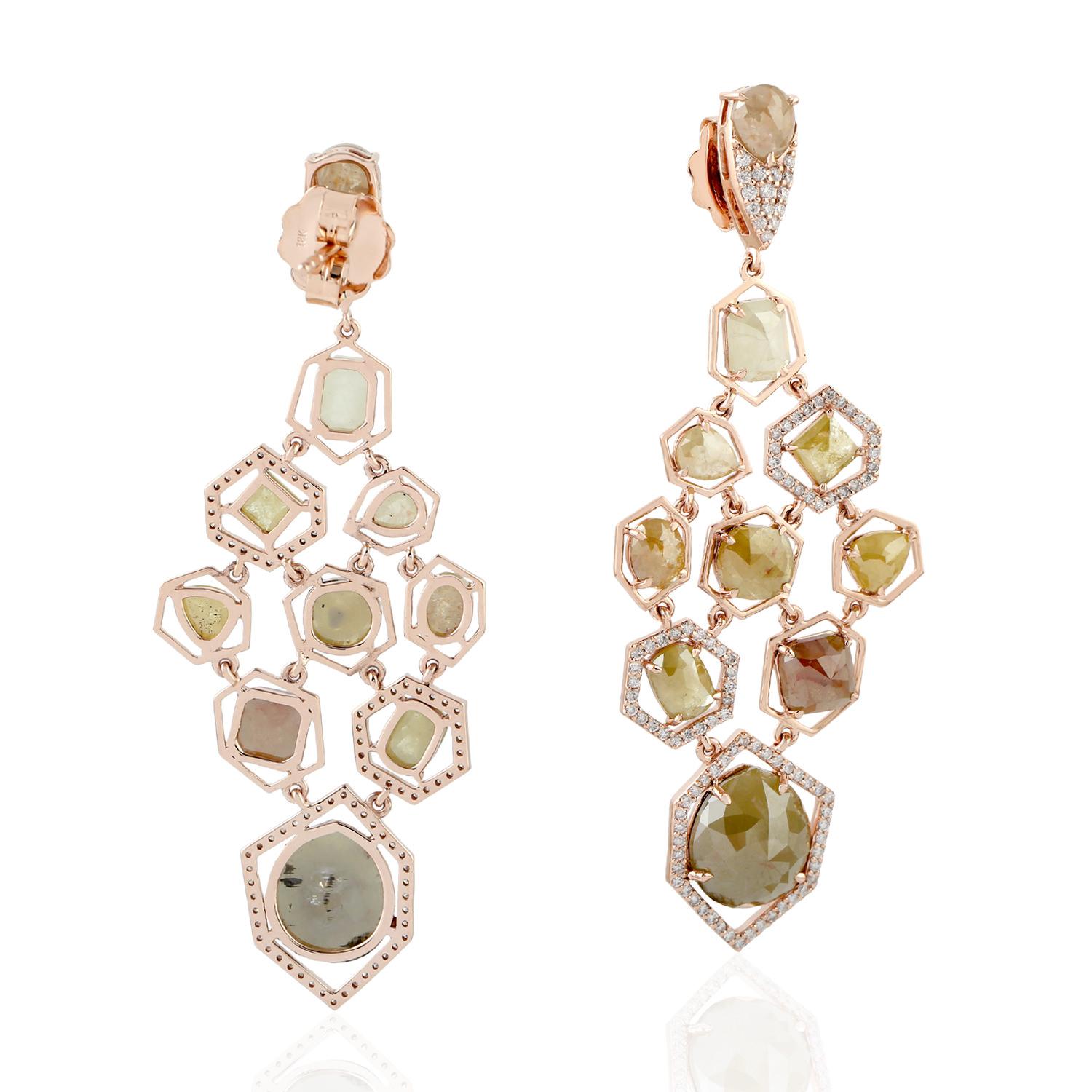 Art Deco Uneven Shaped ice Diamonds Dangle Earrings Set In 18k Rose Gold For Sale