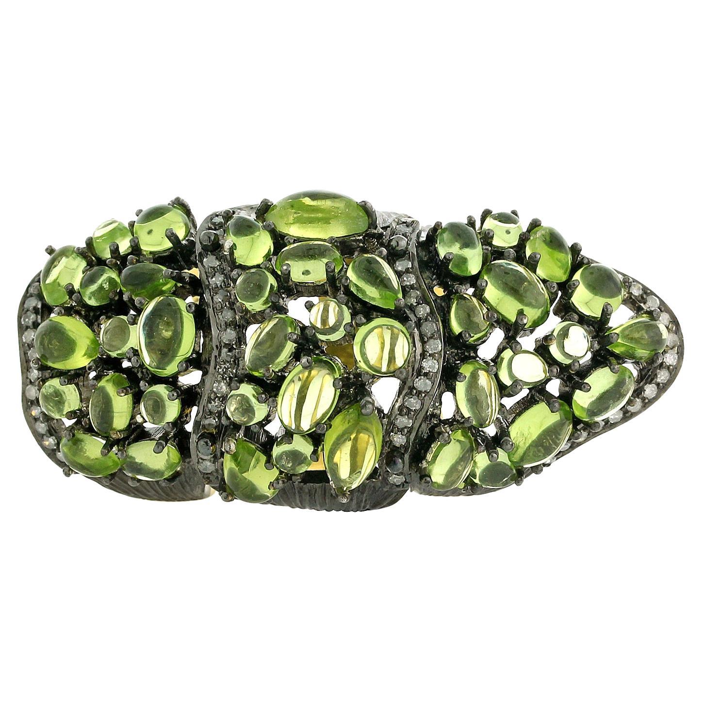 Uneven Shaped Peridot & Pave Diamonds Long Ring Made in 18k Gold & Silver For Sale