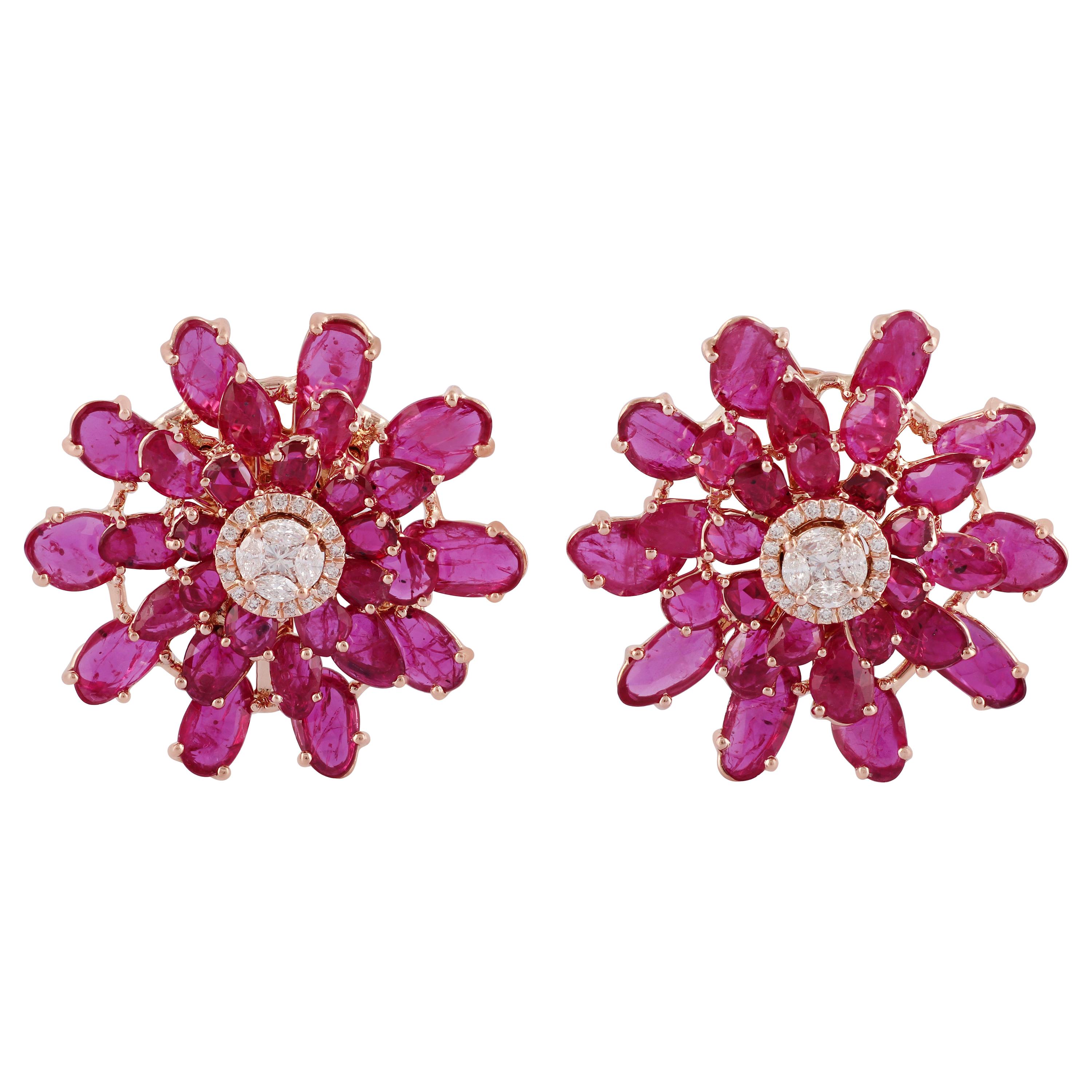 Uneven-Shaped Rose-Cut Ruby and Diamond Earrings, Set in 18 Karat Rose Gold