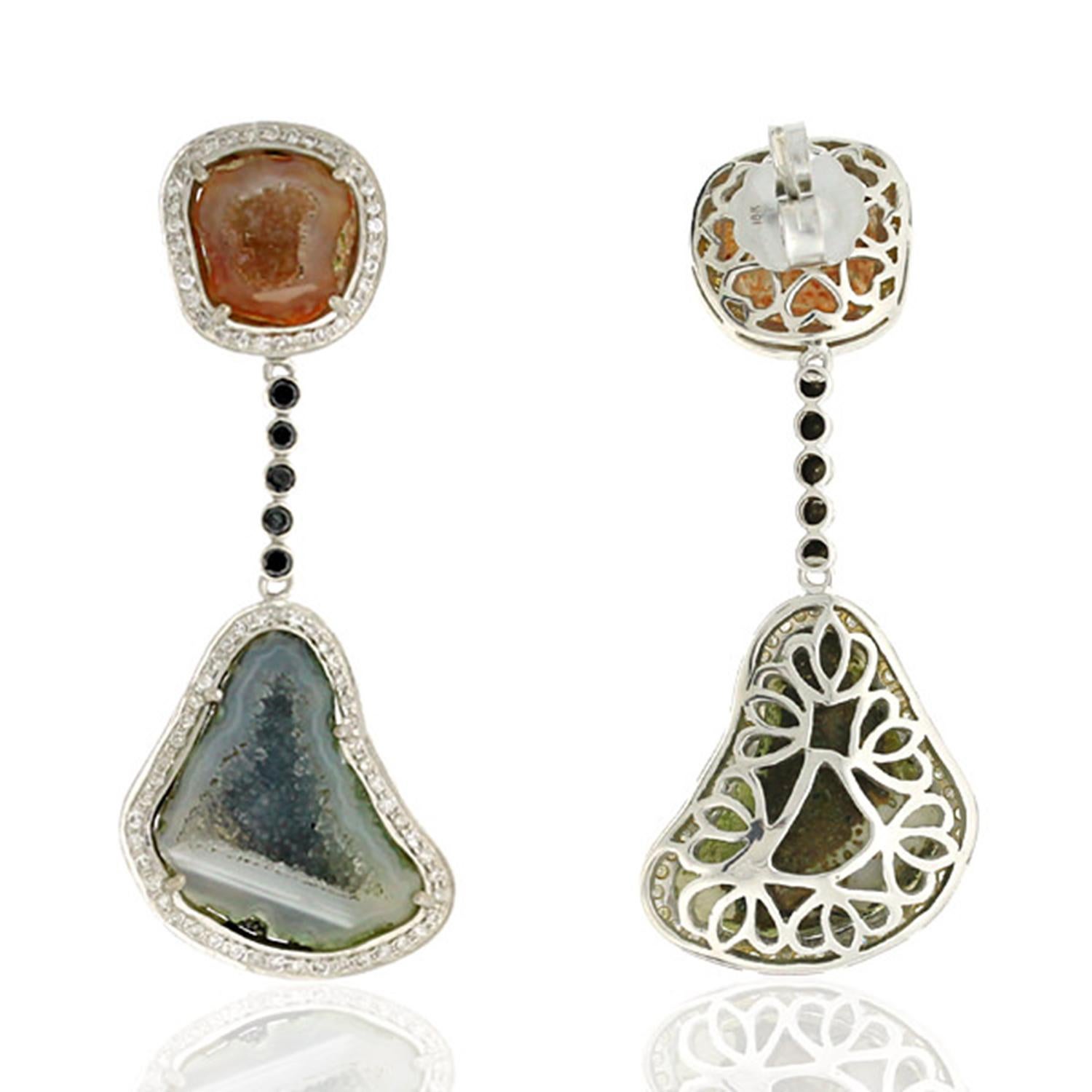 Art Deco Uneven Shaped Sliced Geode & ice Diamonds Dangle Earrings In 18k White Gold For Sale