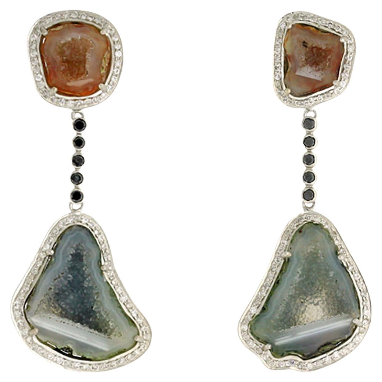 Uneven Shaped Sliced Geode & ice Diamonds Dangle Earrings In 18k White Gold For Sale