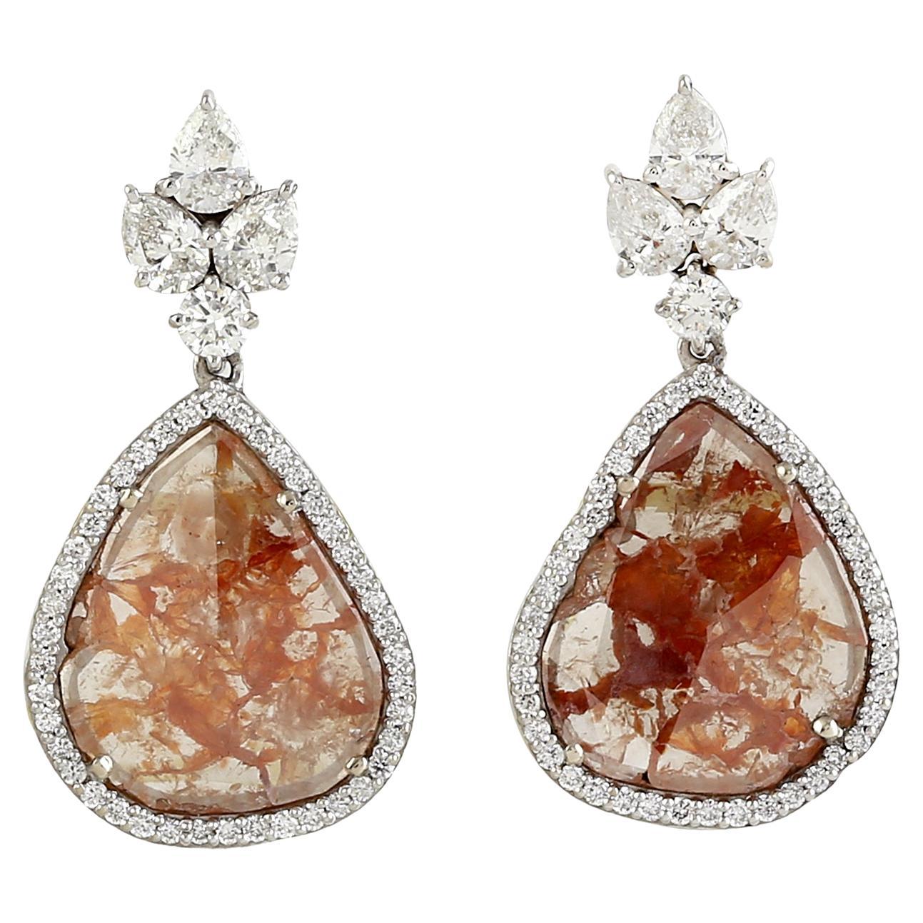 Uneven Shaped Sliced Ice Diamonds Dangle Earrings made In 18k White Gold For Sale