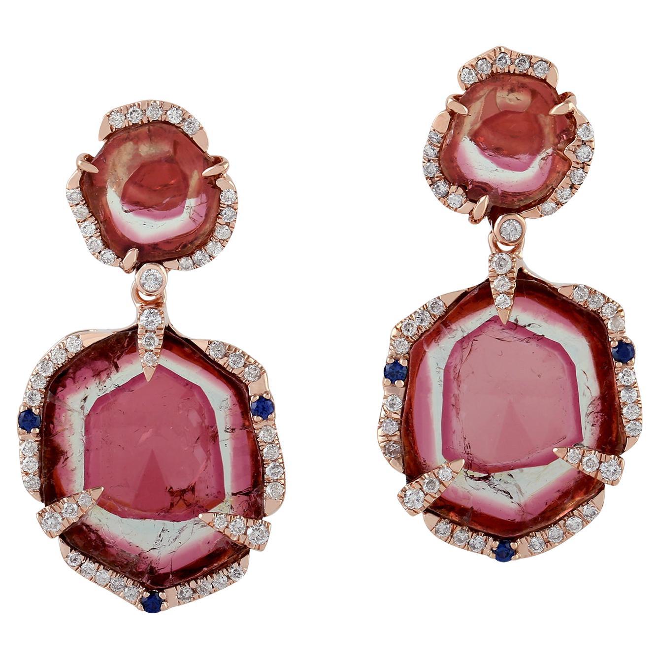 Uneven Shaped Watermelon Tourmaline Earrings With Blue Sapphire & Diamonds For Sale