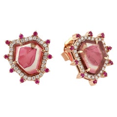 Uneven Shaped WaterMelon Tourmaline Studs With Ruby & Diamonds In 18k Gold