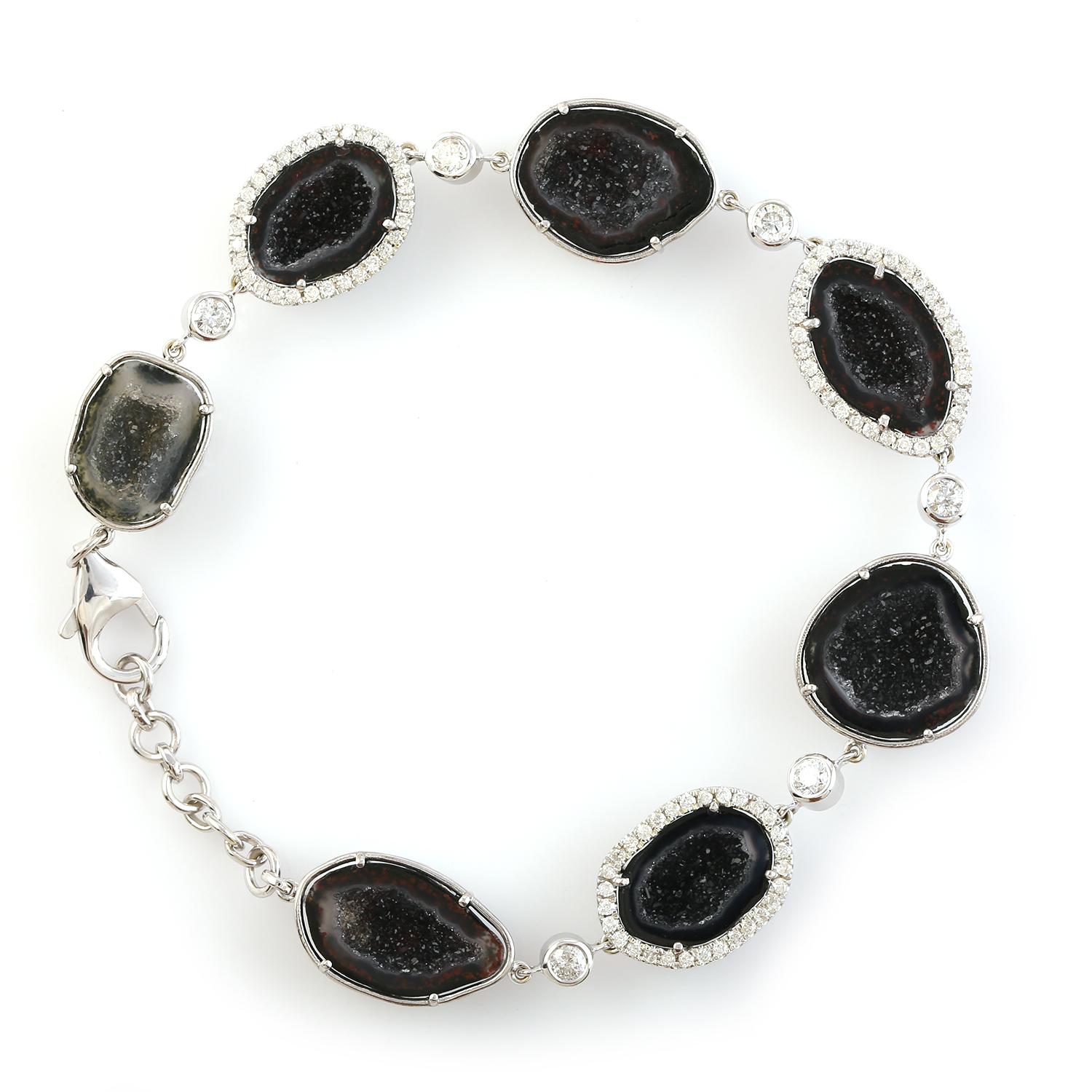 Women's Uneven Sliced Geode Bracelet with Pave Diamonds Made in 14k White Gold For Sale