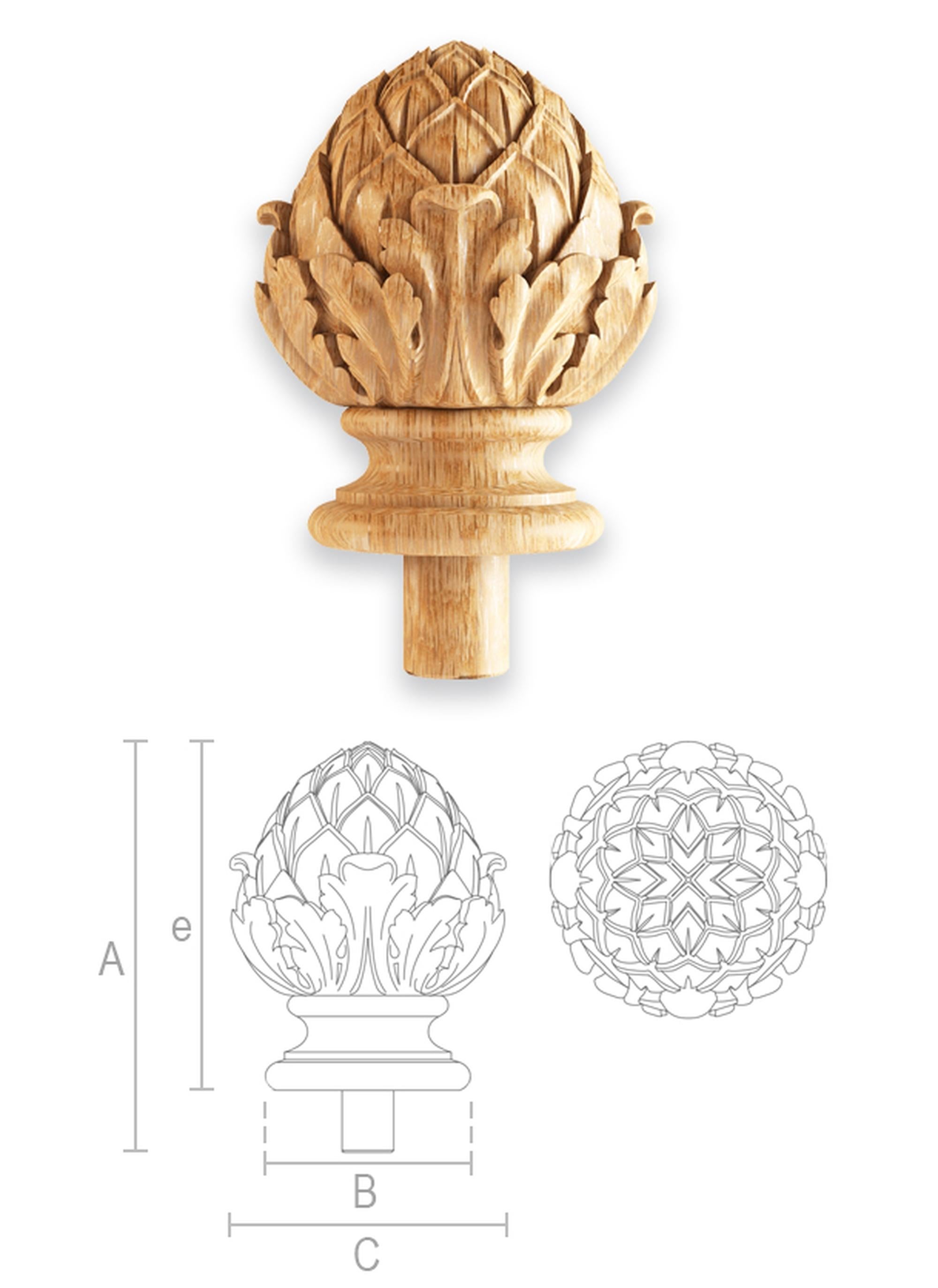 Contemporary Unfinished Ornamental Carved Newel Post Topper 'Set of 4', Artichoke in Acanthus For Sale