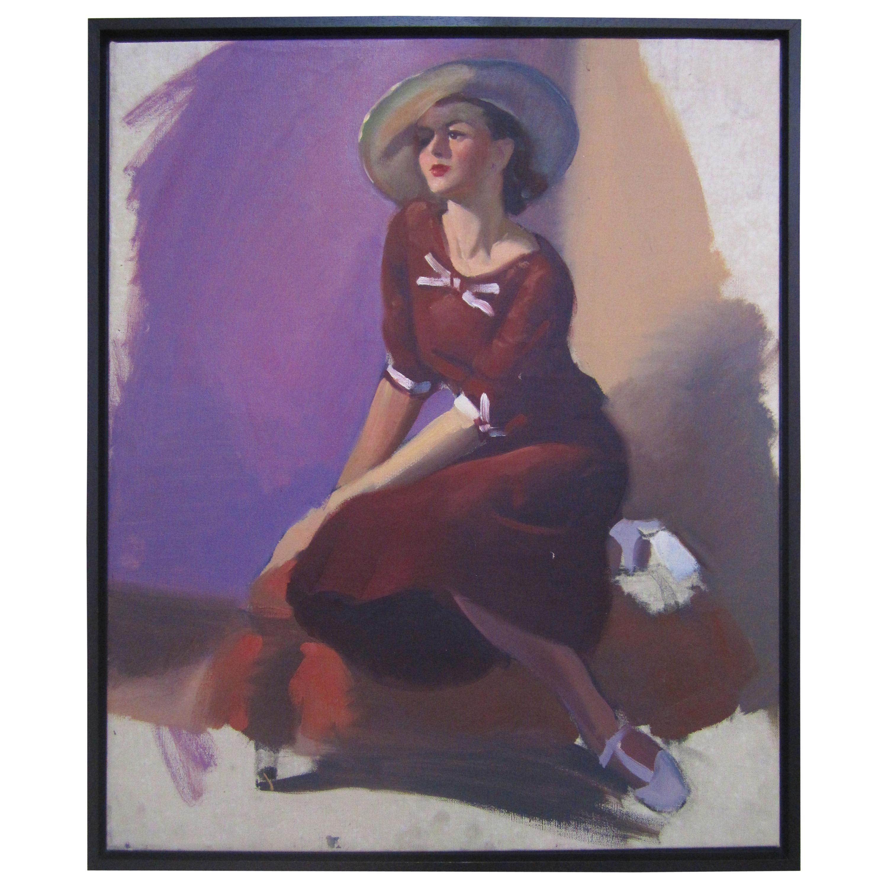 Unvollendetes Porträt einer jungen Dame in Violett, ca. 1940er Jahre