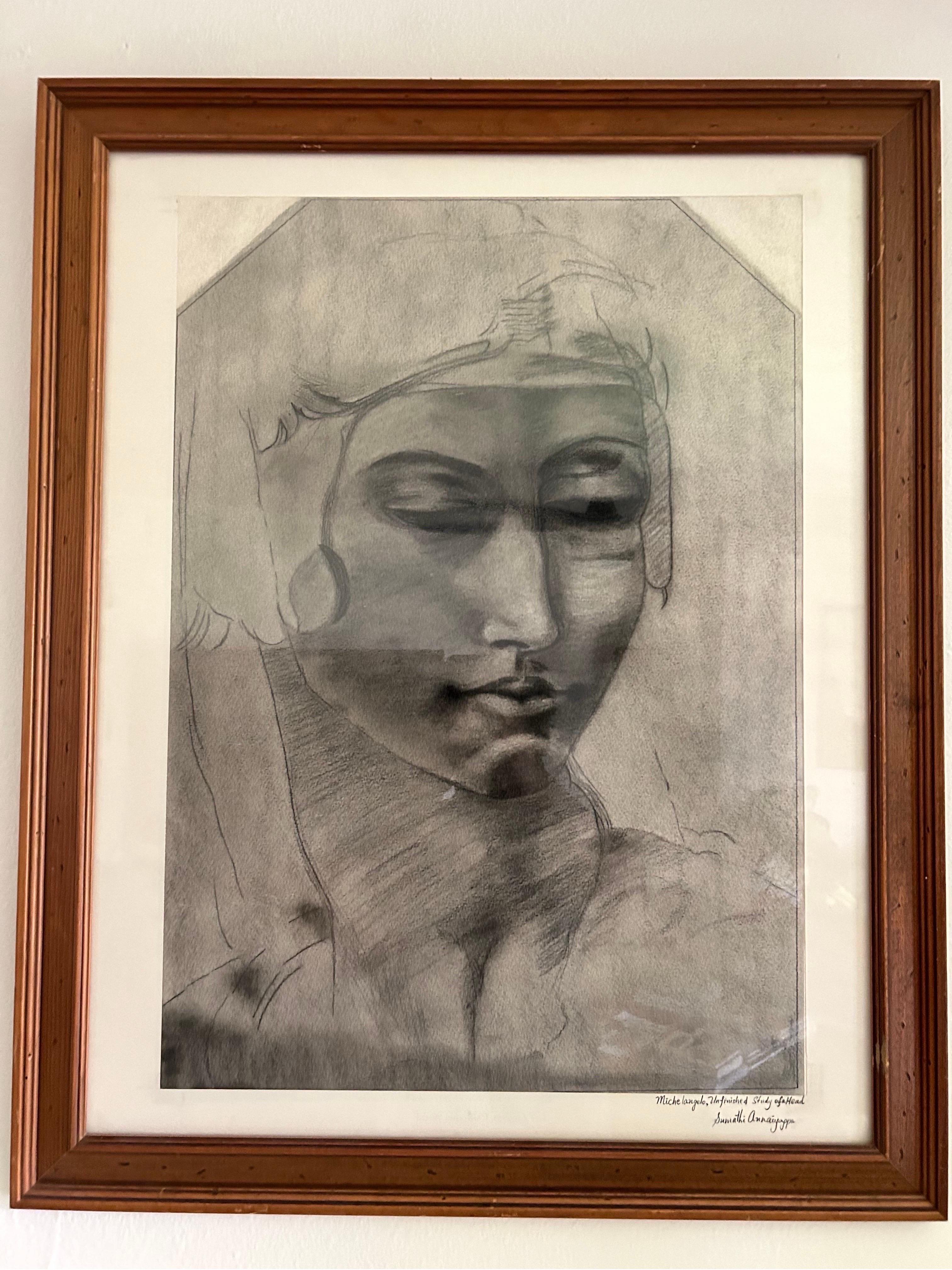 Stunning vintage sketch of the unfinished head of Michelangelo piece. Done as a study by an artistic 