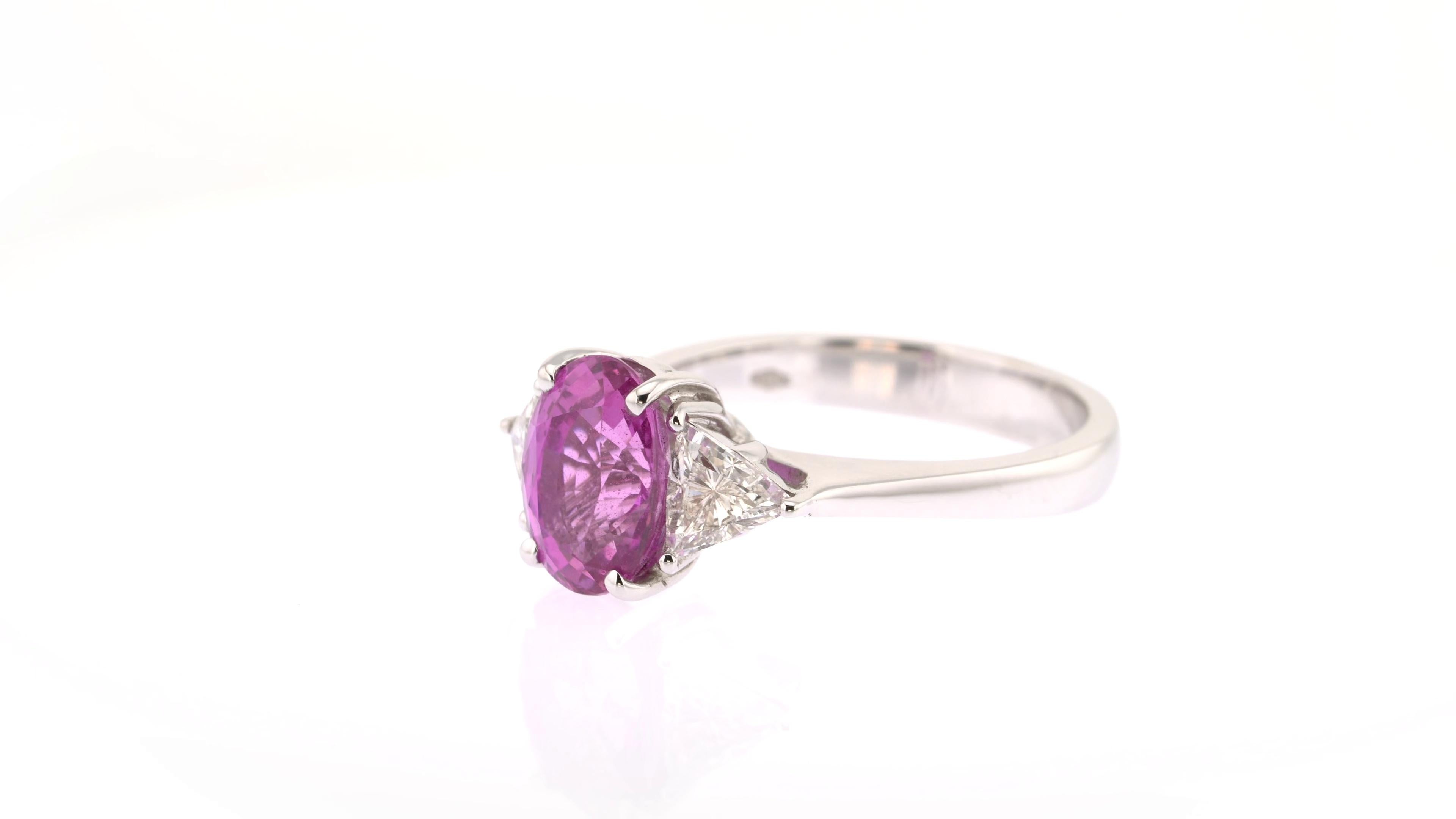 Oval Cut Unforgettable 3.20 Carat Pink Sapphire and White Diamond Three-Stone Ring For Sale