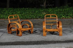 Unforgettable Pair of Art Deco Rattan and Cane Double Horseshoe Loungers