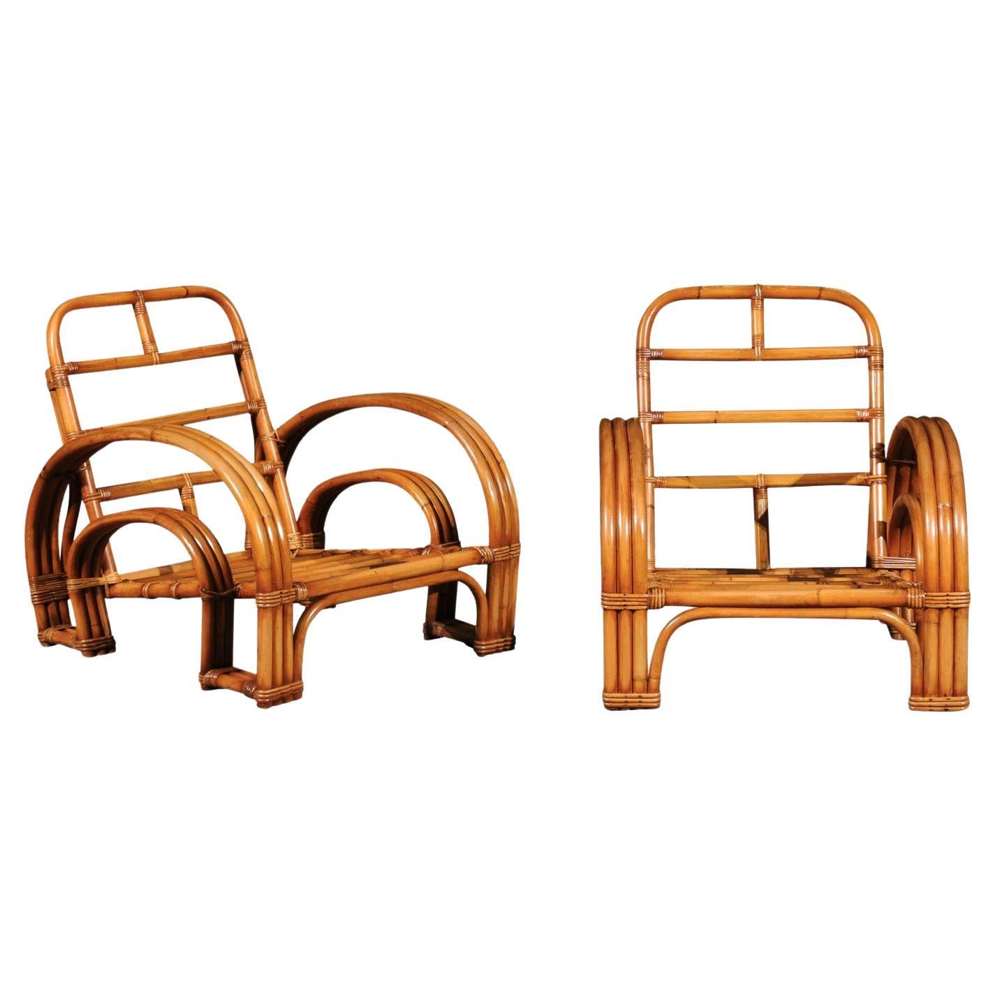 Unforgettable Pair of Art Deco Rattan and Cane Double Horseshoe Loungers  For Sale