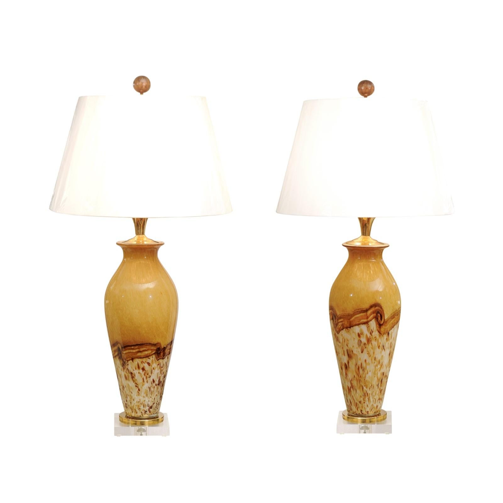 Unforgettable Pair of Chocolate, Saffron and Cream Custom Murano Lamps  9
