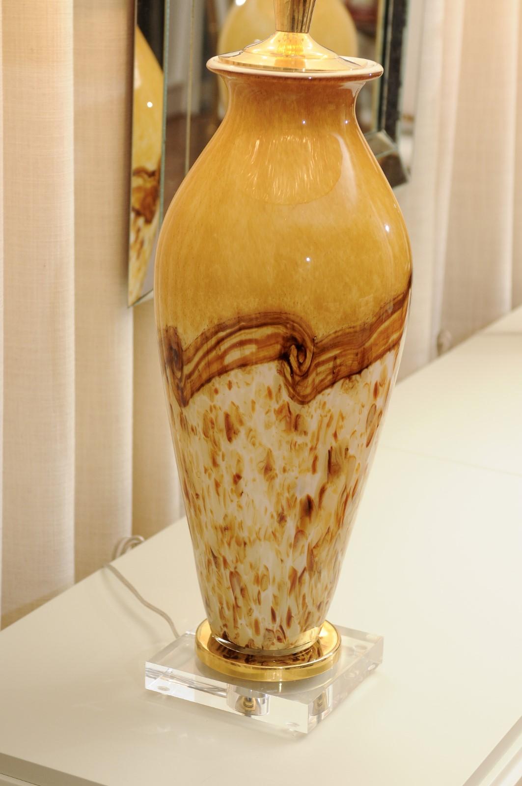Unforgettable Pair of Chocolate, Saffron and Cream Custom Murano Lamps  In Excellent Condition In Atlanta, GA