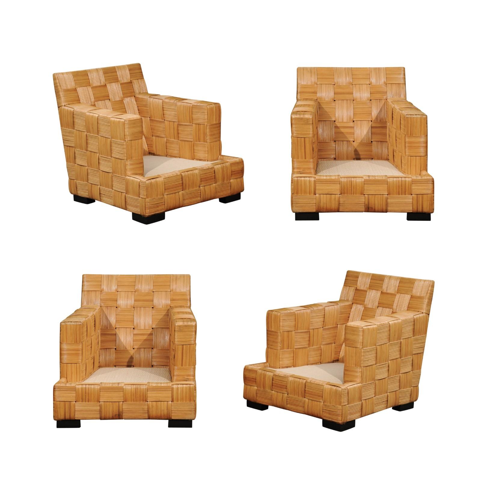 Unvergesslicher Satz von 4 Block-Inselschilfrohrstühlen von John Hutton für Donghia im Angebot 13